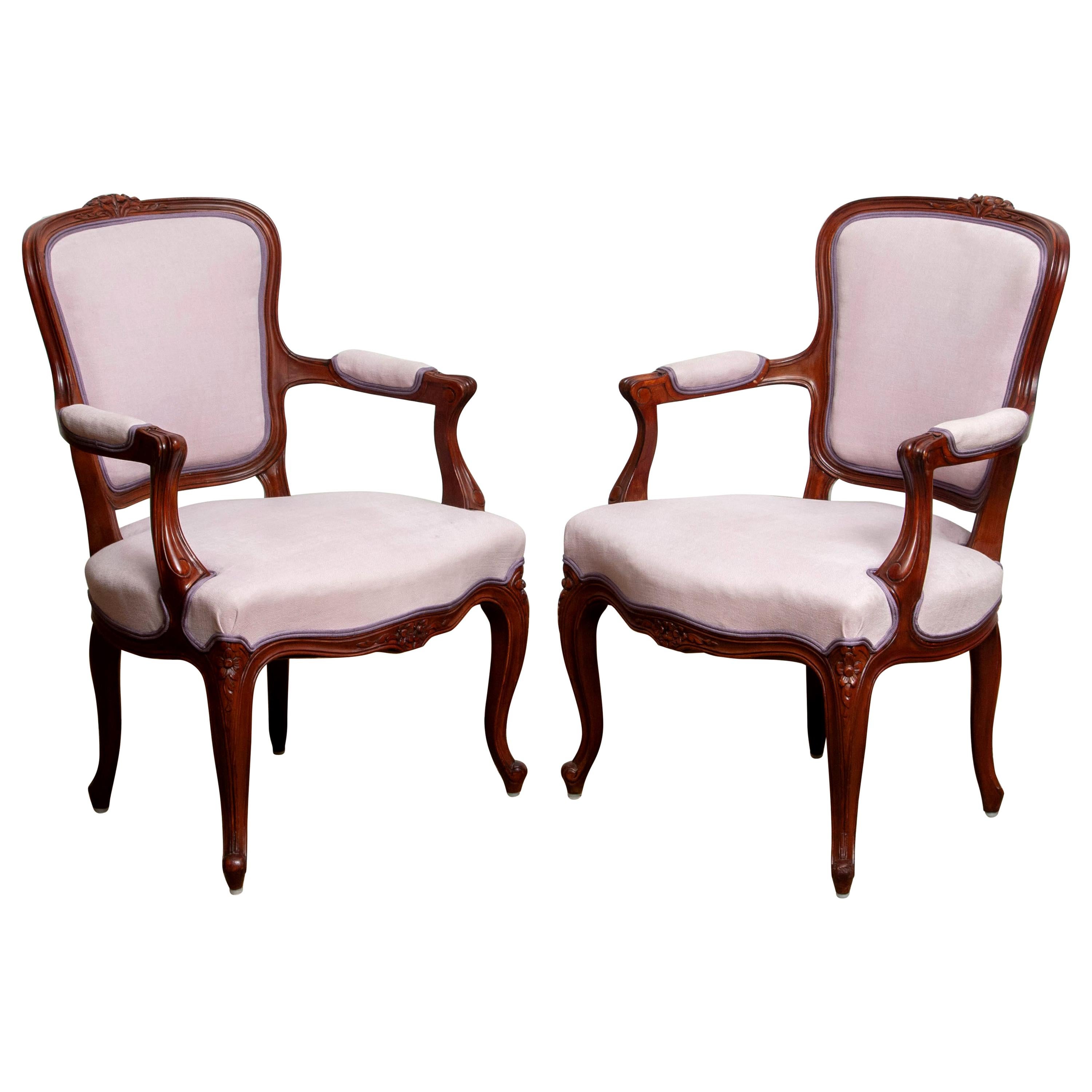 1950s Pair of Pink Swedish Rococo Bergère in the Shabby Chic Technique Chairs F