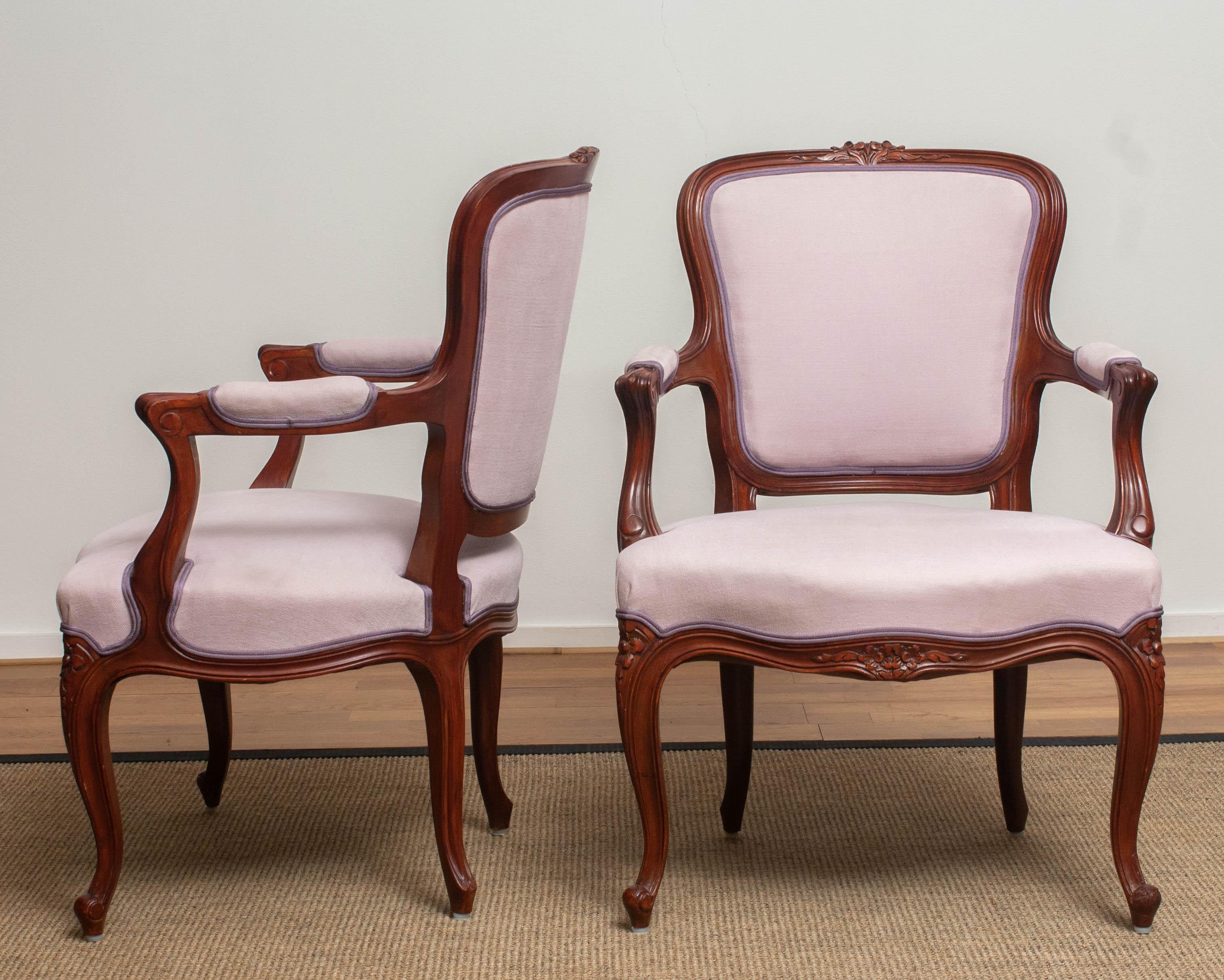 1950s Pair of Pink Swedish Rococo Bergères in the Shabby Chic Technique Chairs F 8