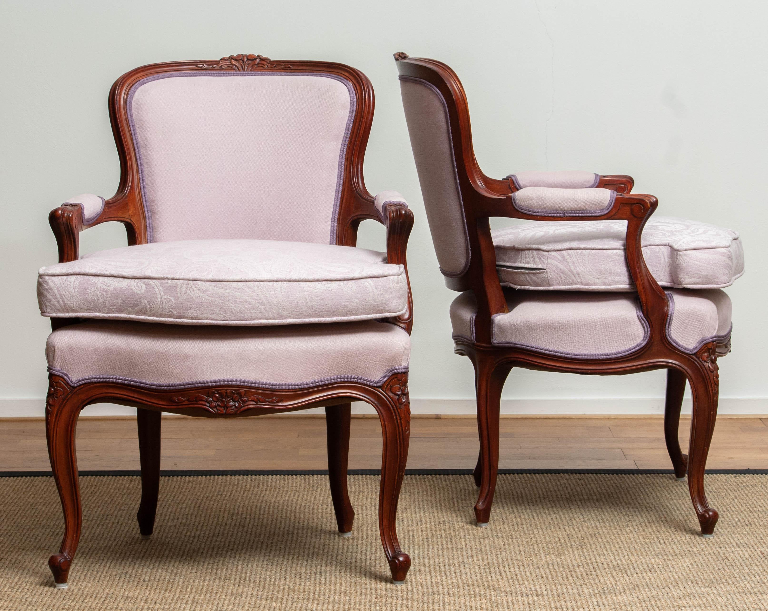 Fabric 1950s Pair of Pink Swedish Rococo Bergères in the Shabby Chic Technique Chairs F