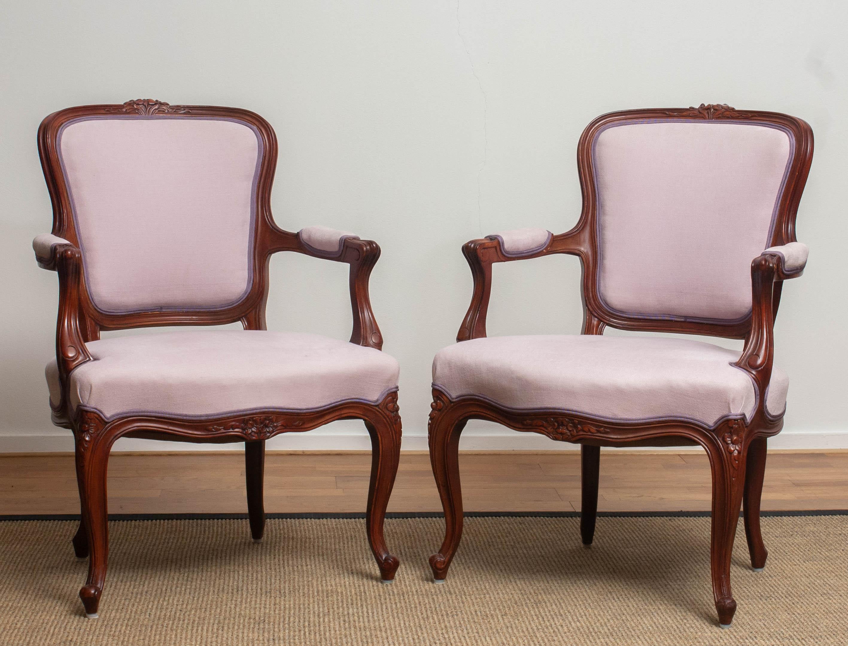 Fabric 1950s Pair of Pink Swedish Rococo Bergères in the Shabby Chic Technique Chairs F