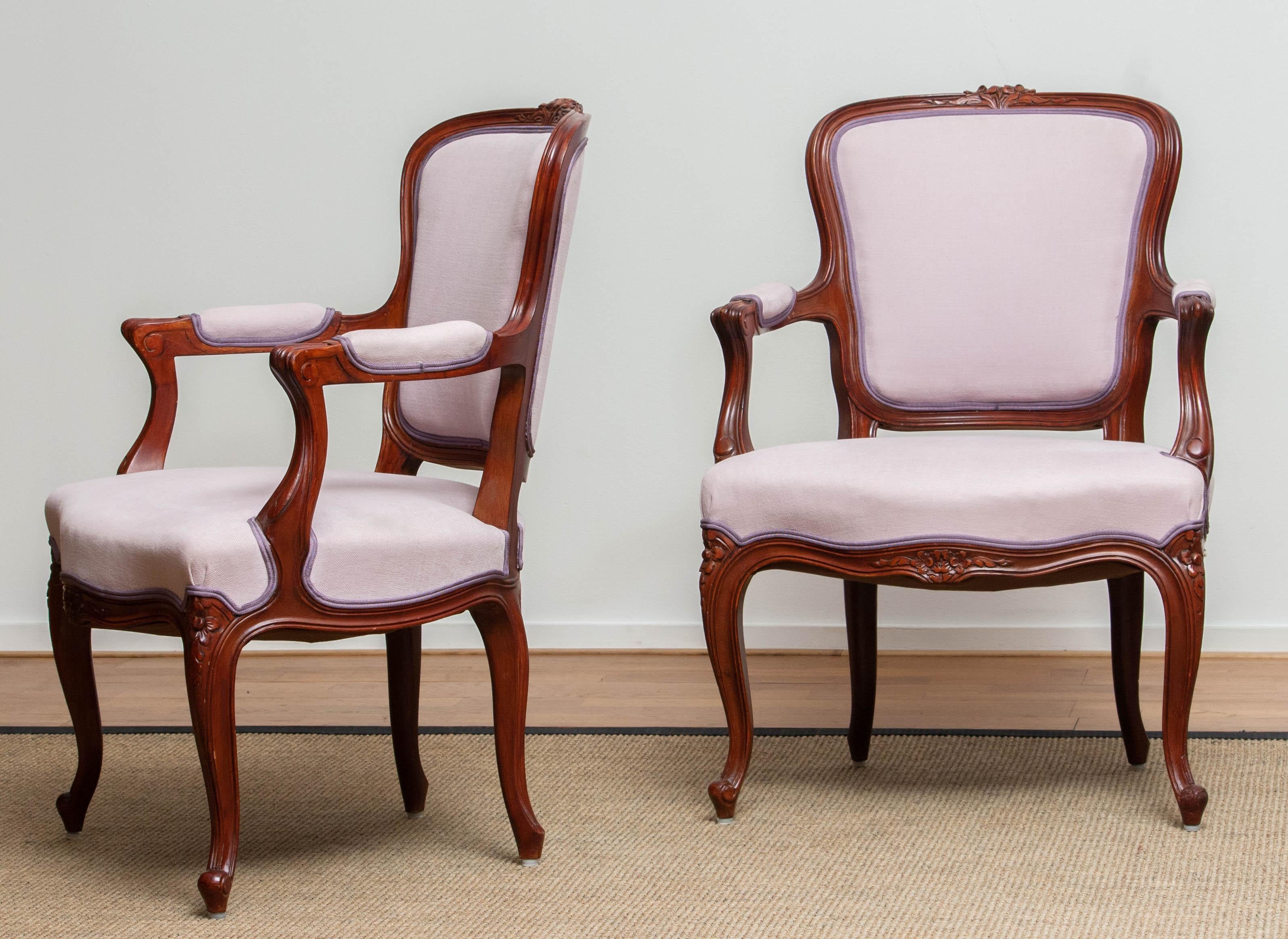 1950s Pair of Pink Swedish Rococo Bergères in the Shabby Chic Technique Chairs F 2