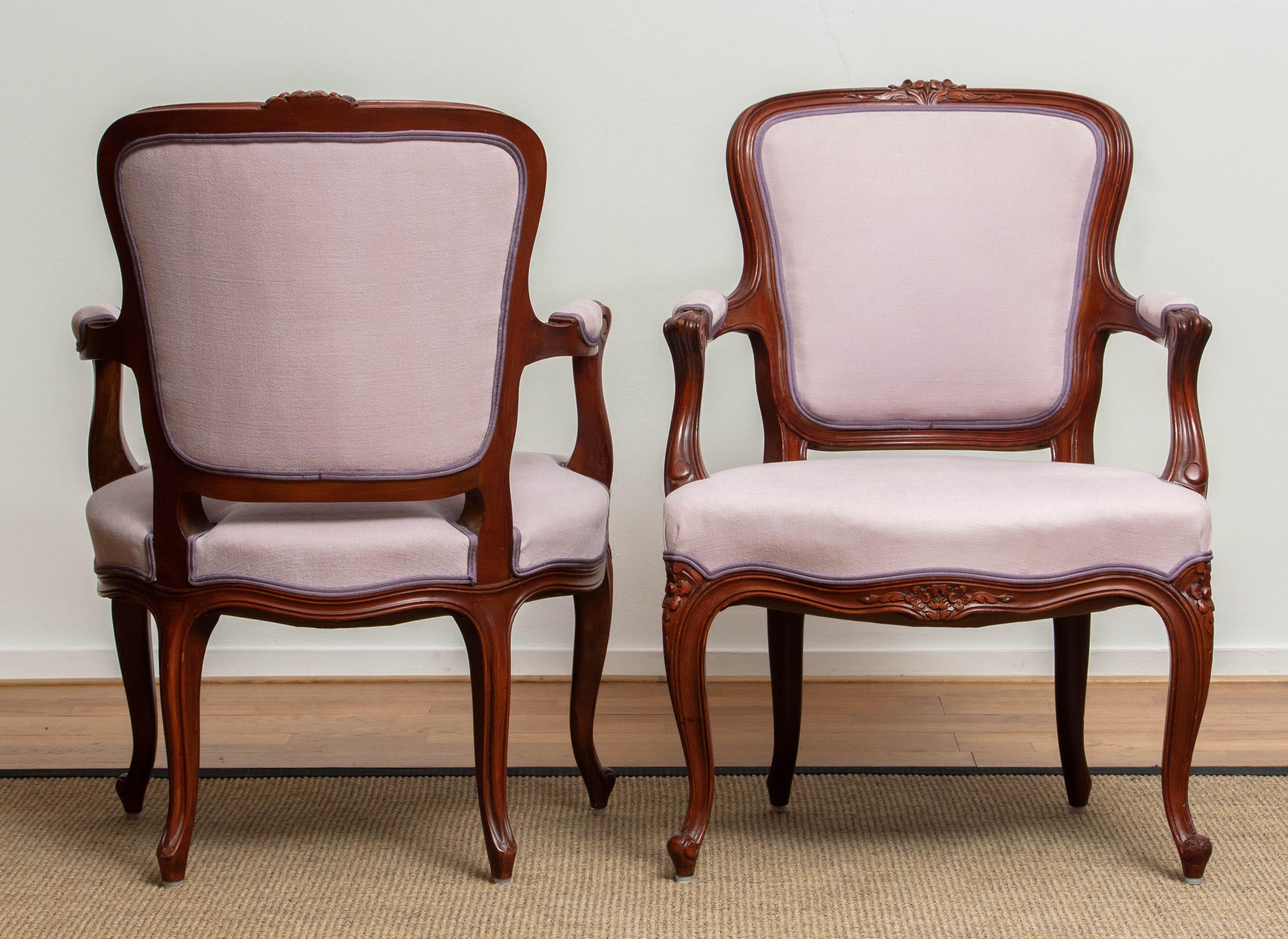 1950s Pair of Pink Swedish Rococo Bergères in the Shabby Chic Technique Chairs F 3