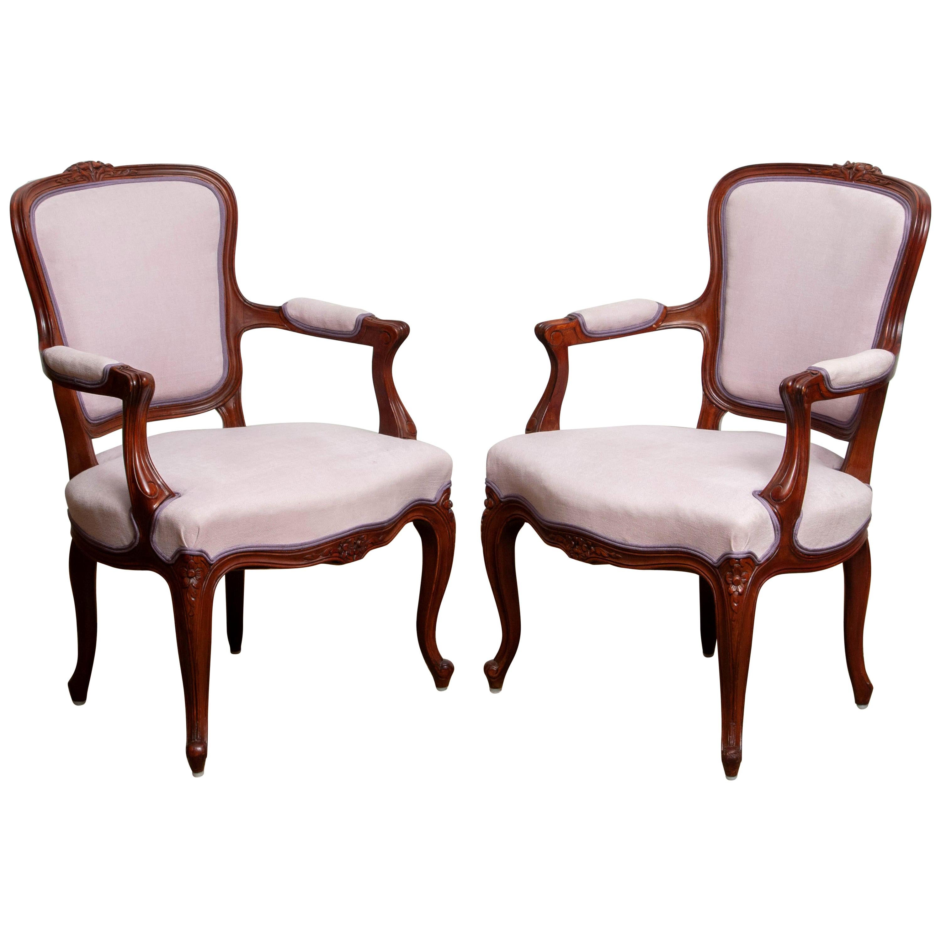 1950s Pair of Pink Swedish Rococo Bergères in the Shabby Chic Technique Chairs F