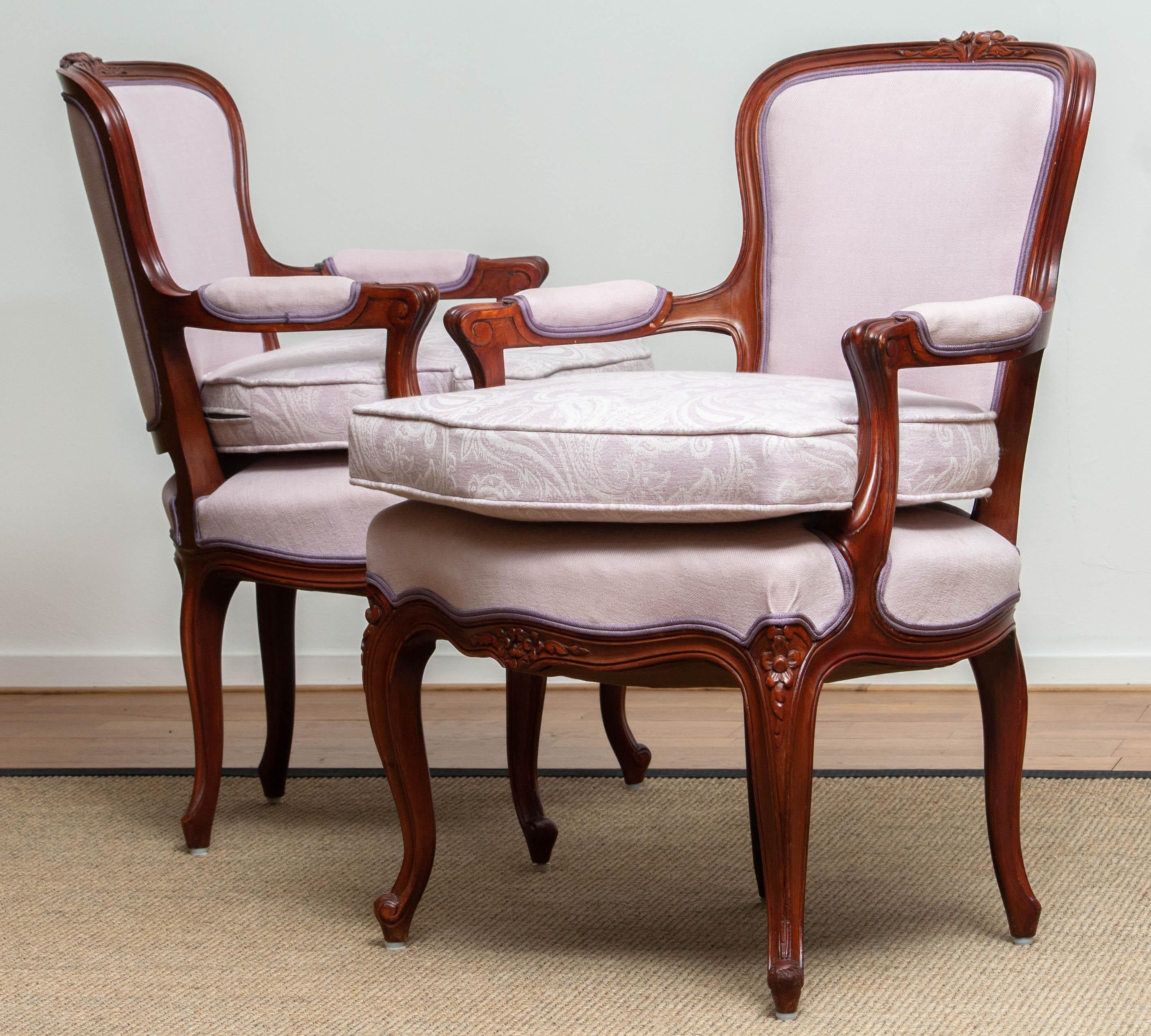 1950s, Pair of Pink Swedish Rococo Bergères in the Shabby Chic Technique Chairs 7