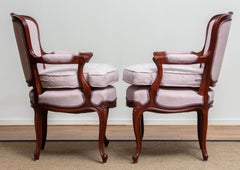 1950s, Pair of Pink Swedish Rococo Bergères in the Shabby Chic Technique Chairs