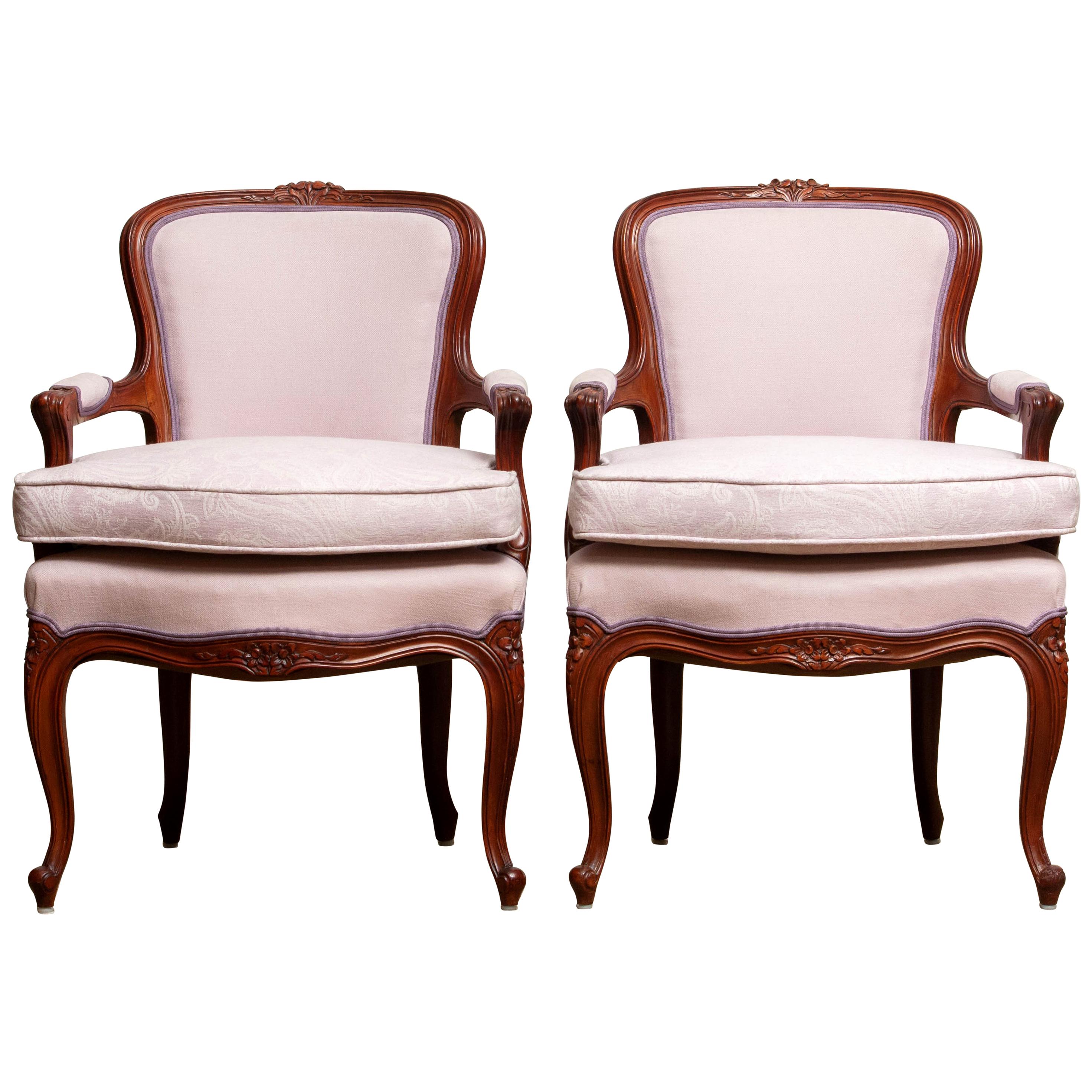 Mid-20th Century 1950s, Pair of Pink Swedish Rococo Bergères in the Shabby Chic Technique Chairs