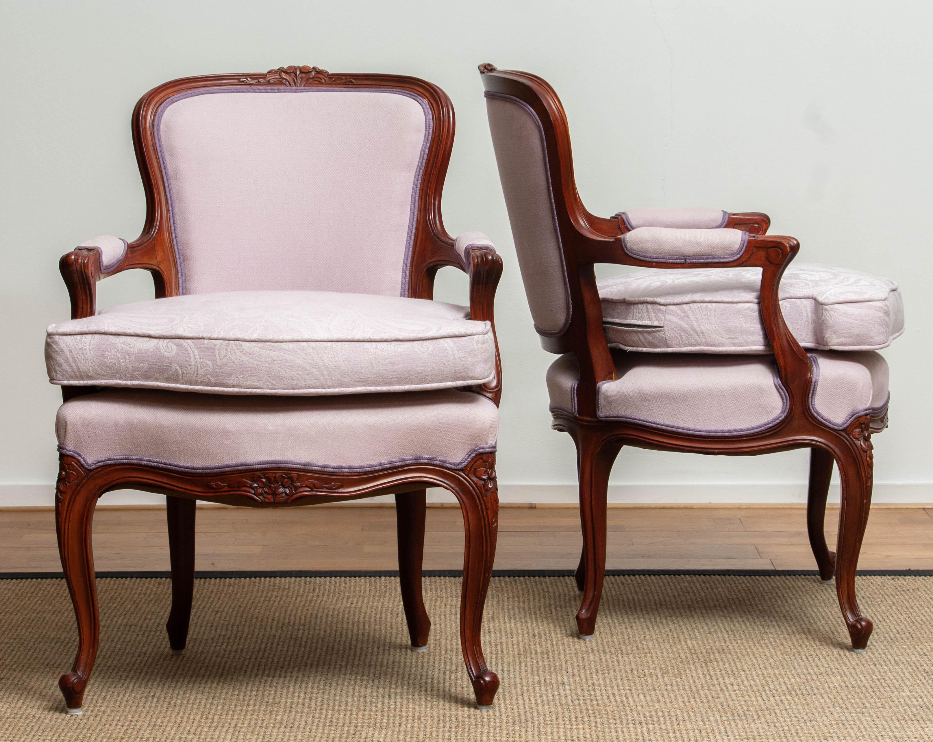 Mid-20th Century 1950s, Pair of Pink Swedish Rococo Bergères in the Shabby Chic Technique Chairs