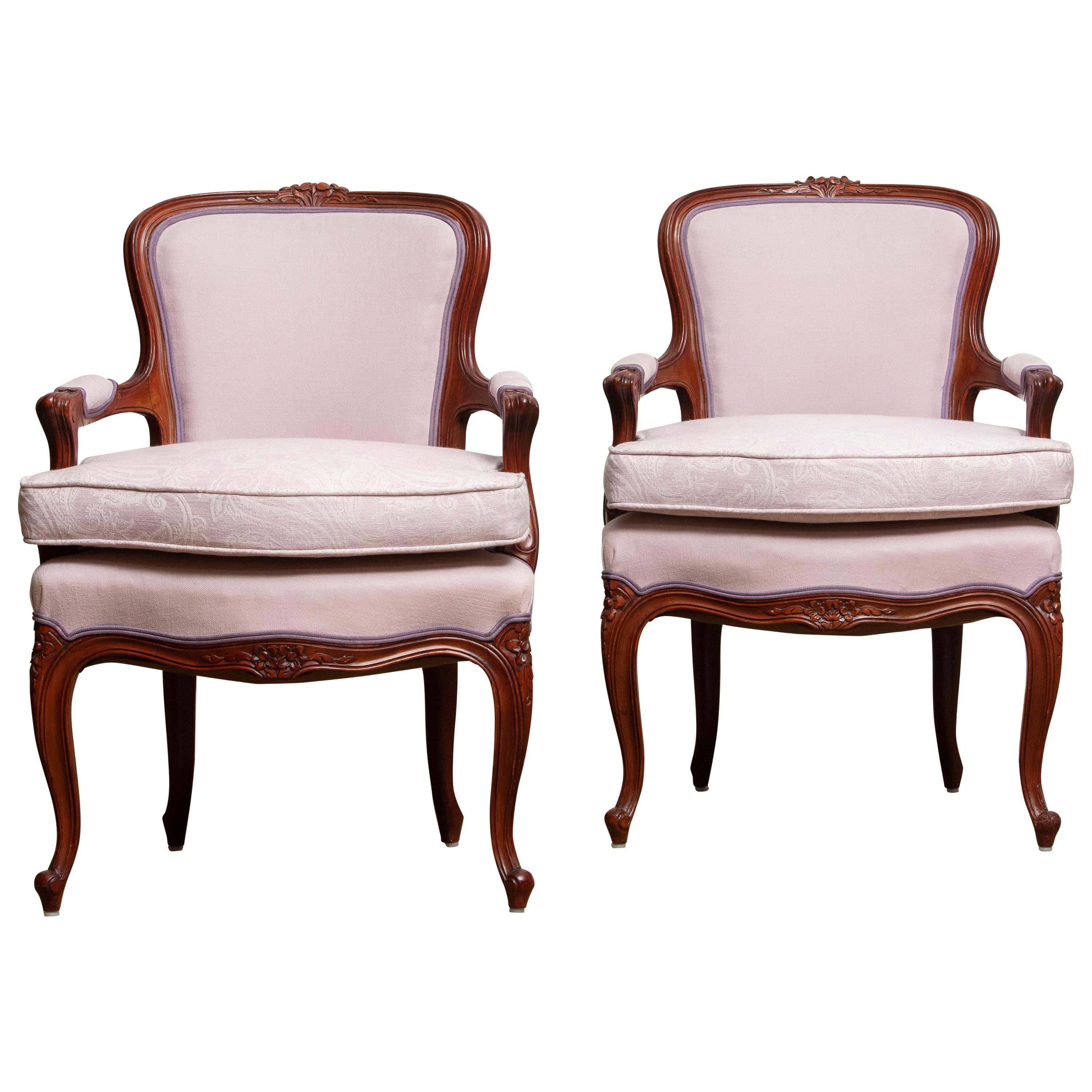 Jacquard 1950s, Pair of Pink Swedish Rococo Bergères in the Shabby Chic Technique Chairs
