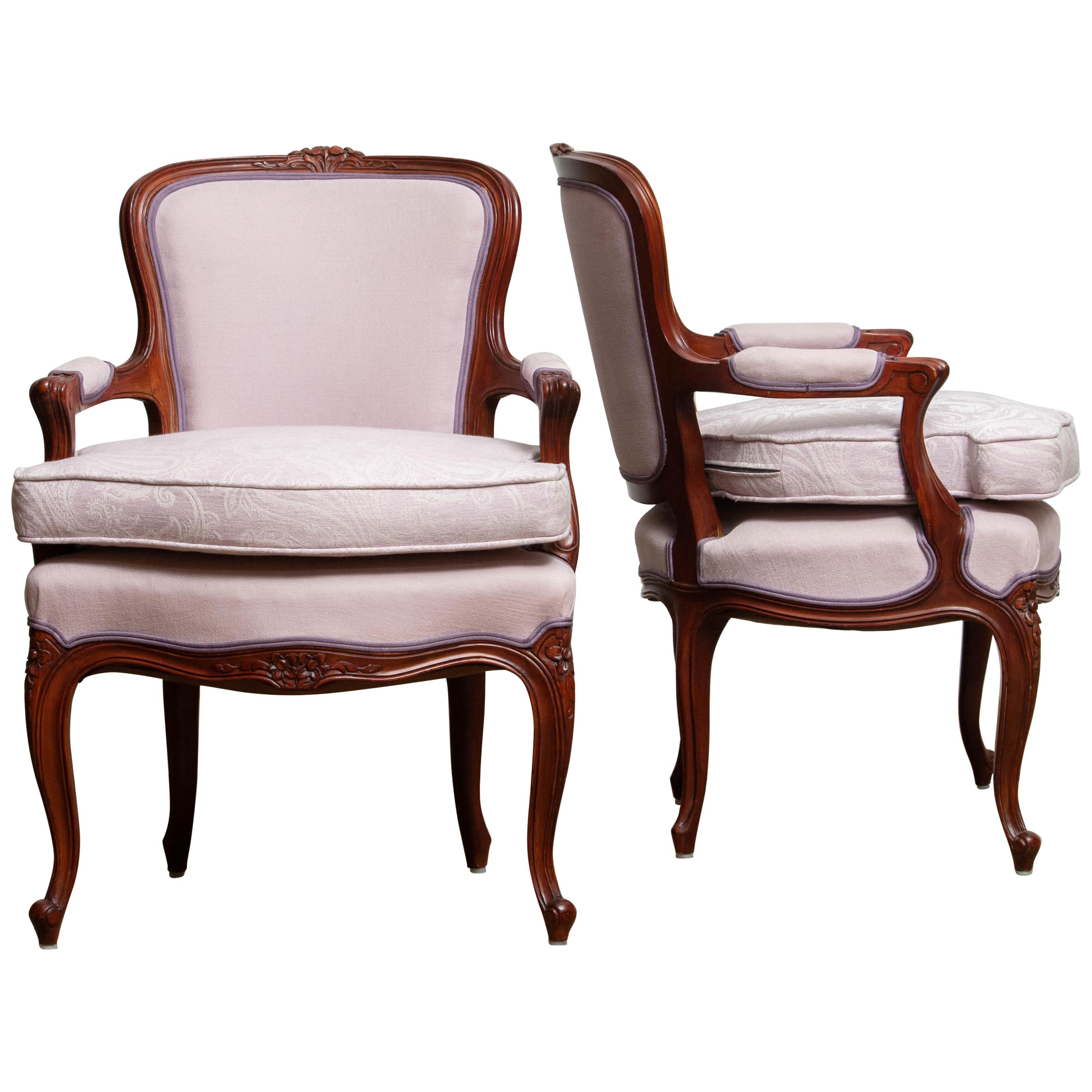 1950s, Pair of Pink Swedish Rococo Bergères in the Shabby Chic Technique Chairs