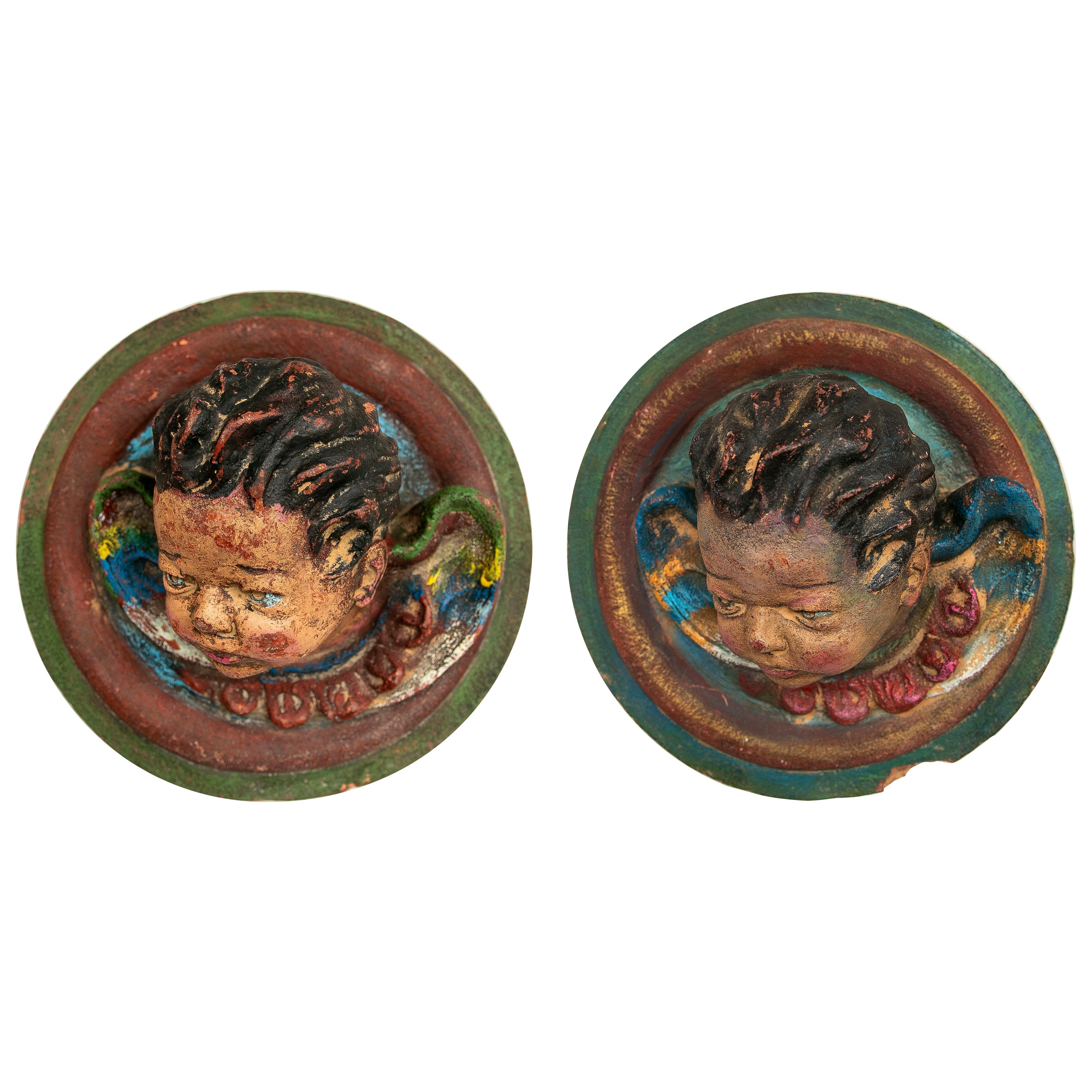 1950s Pair of Polychrome Carved Cherubs, Antique Decorative Elements For Sale