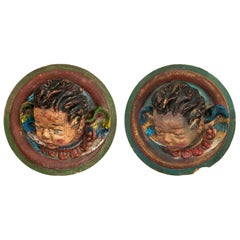 1950s Pair of Polychrome Carved Cherubs, Antique Decorative Elements