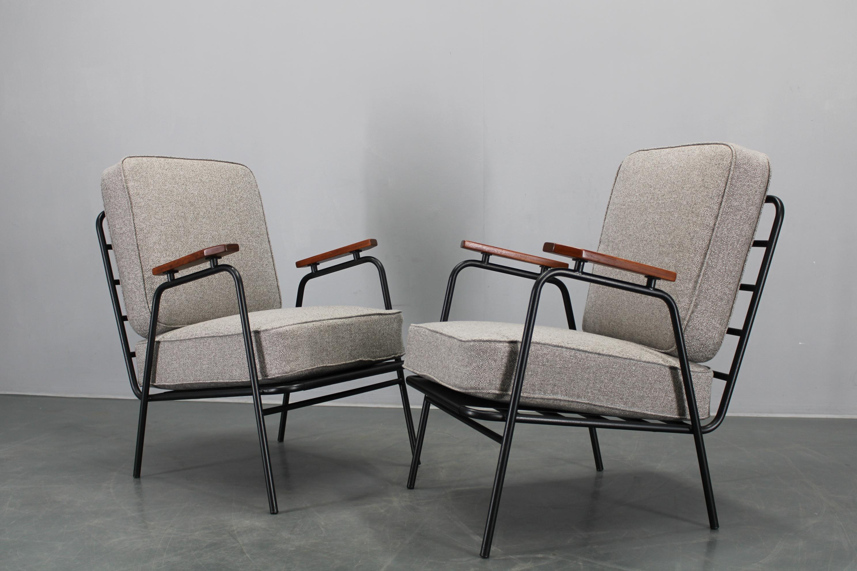 - newly reupholstered original spring pillows 
- newly lacguered frame and refurbished wooden parts 
- one of the armchair is labeled by producer 