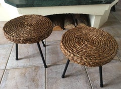 1950s Pair of Rattan and Black Metal Stools Attributed to Audoux Minet, France