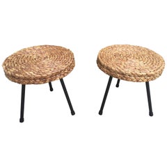 1950s Pair of Rattan and Black Metal Stools Attributed to Audoux Minet, France