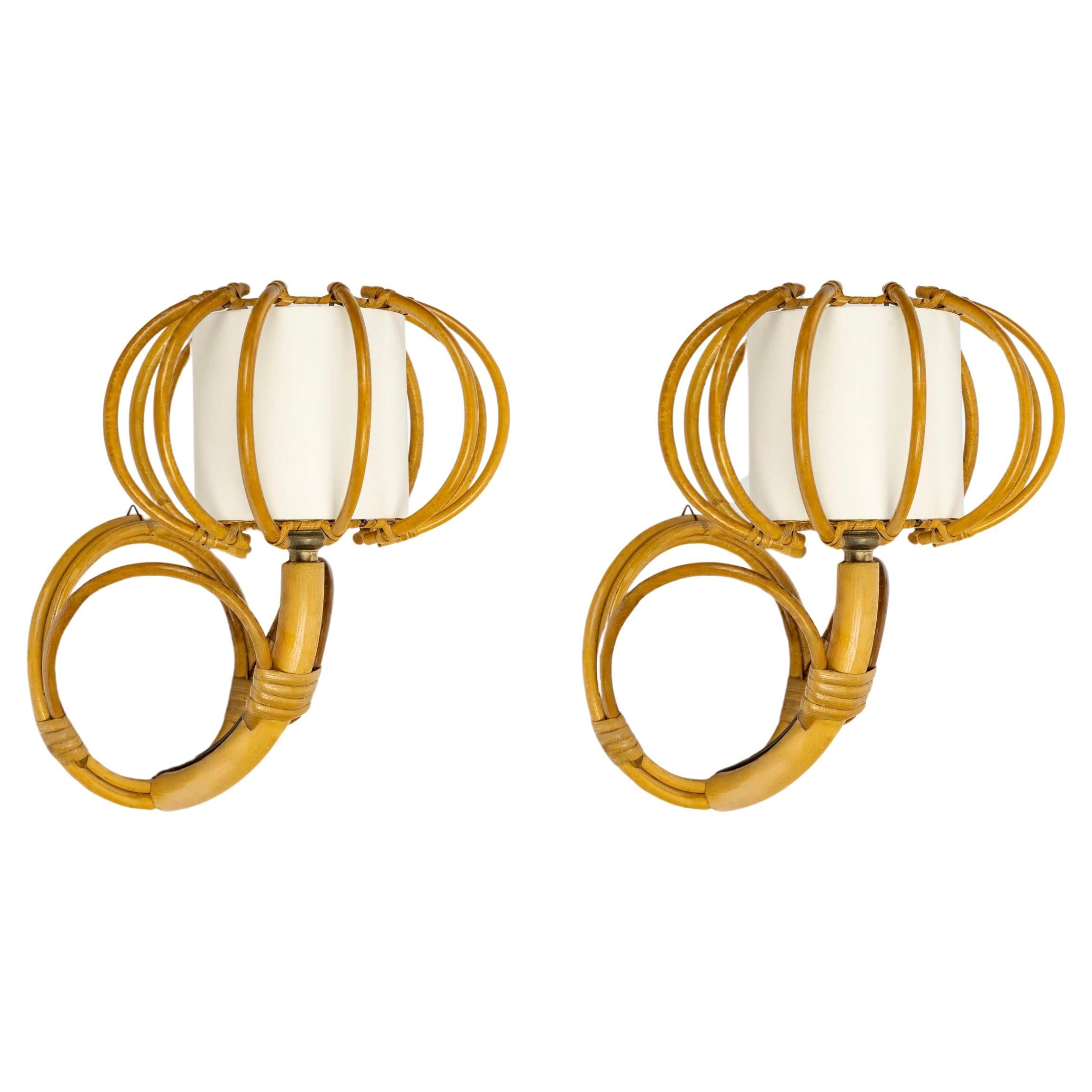 1950s, Pair of Rattan Sconces Louis Sognot For Sale