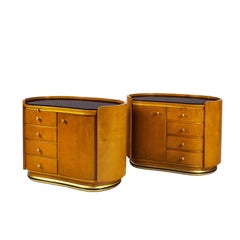 1950s Pair of Rounded Night Stands, Beech, Sycamore, Opaline, Brass, France