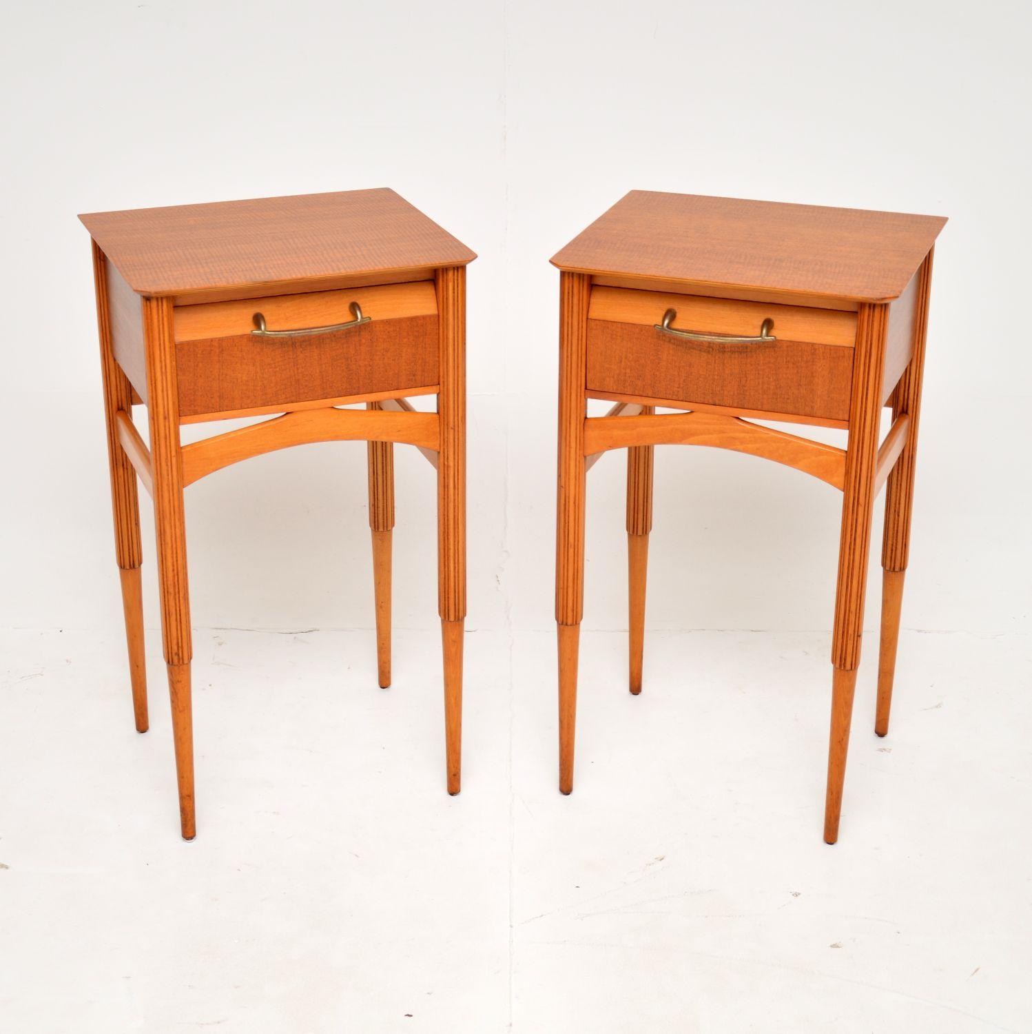 A stunning pair of original vintage side tables in satin wood. They were made in England, and date from the 1950-60’s.

The quality is amazing, these are beautifully styled and are a very useful size. They would be perfect for use as bedside