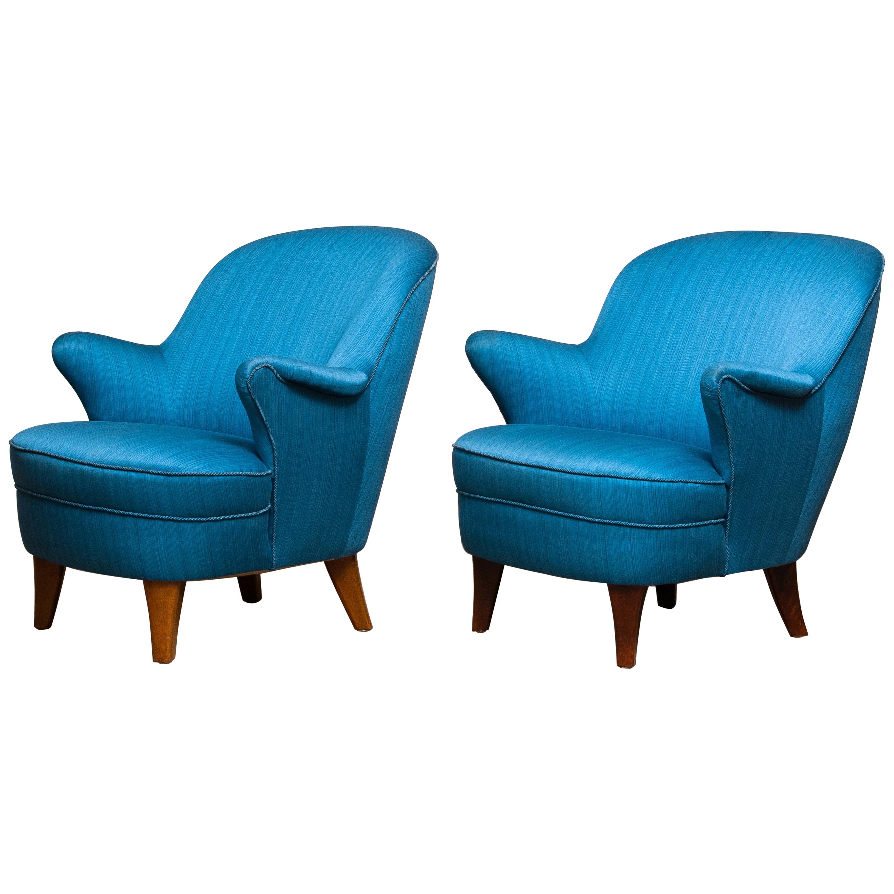 1950s Pair of Scandinavian Club Lounge Chairs in Petrol Fabric 4