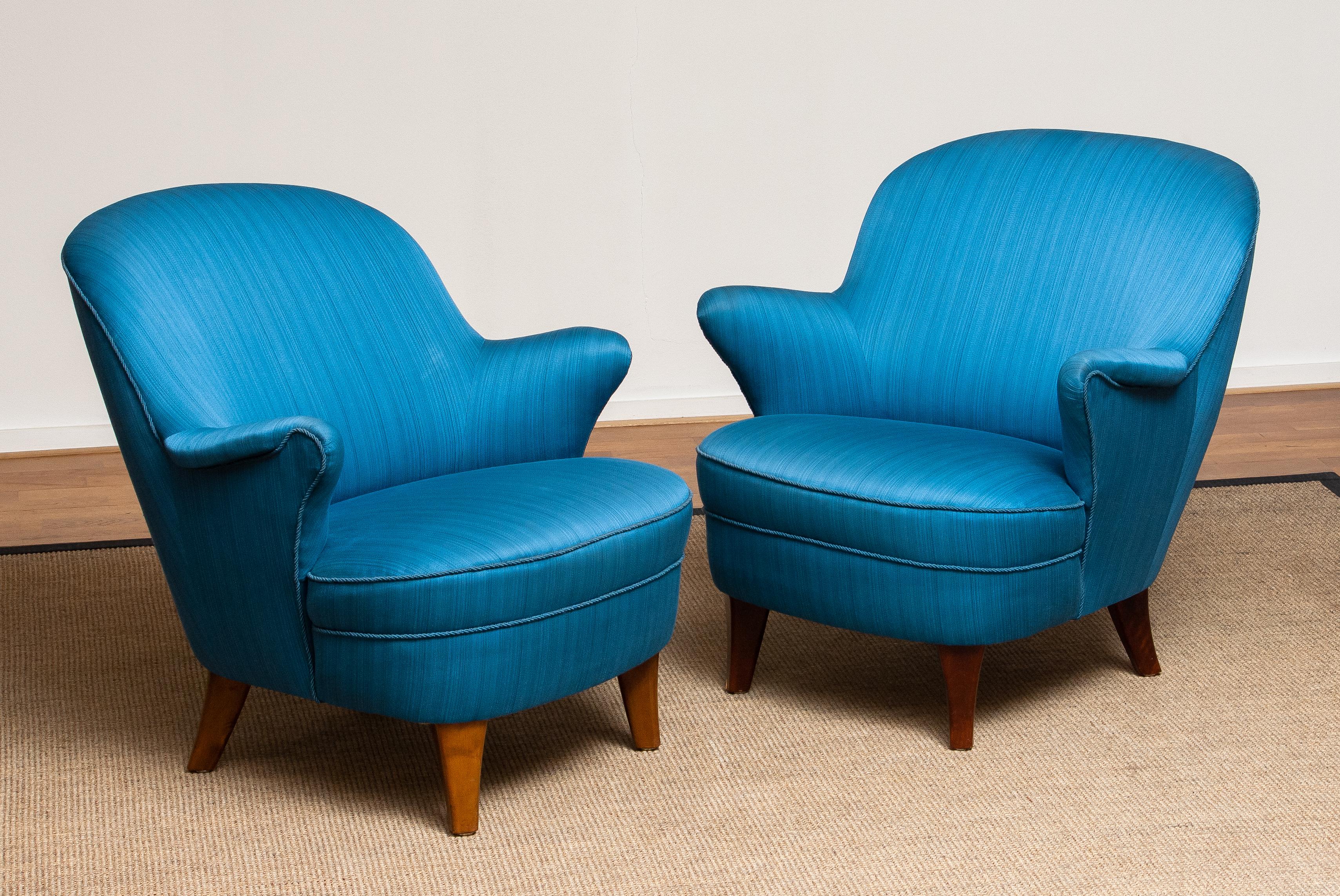 Mid-Century Modern 1950s Pair of Scandinavian Club Lounge Chairs in Petrol Fabric