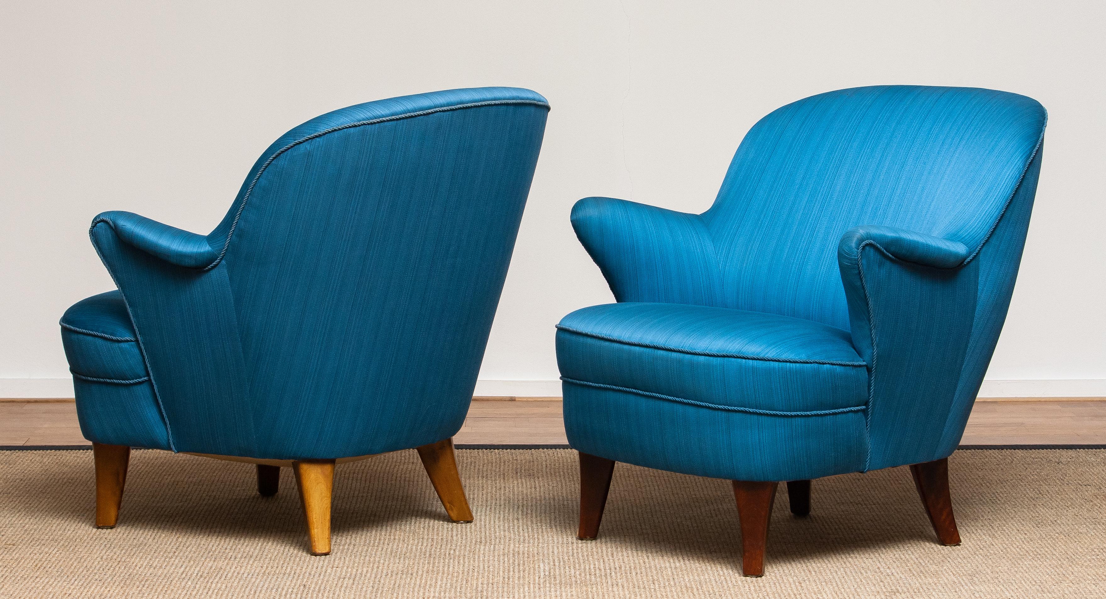 Mid-20th Century 1950s Pair of Scandinavian Club Lounge Chairs in Petrol Fabric