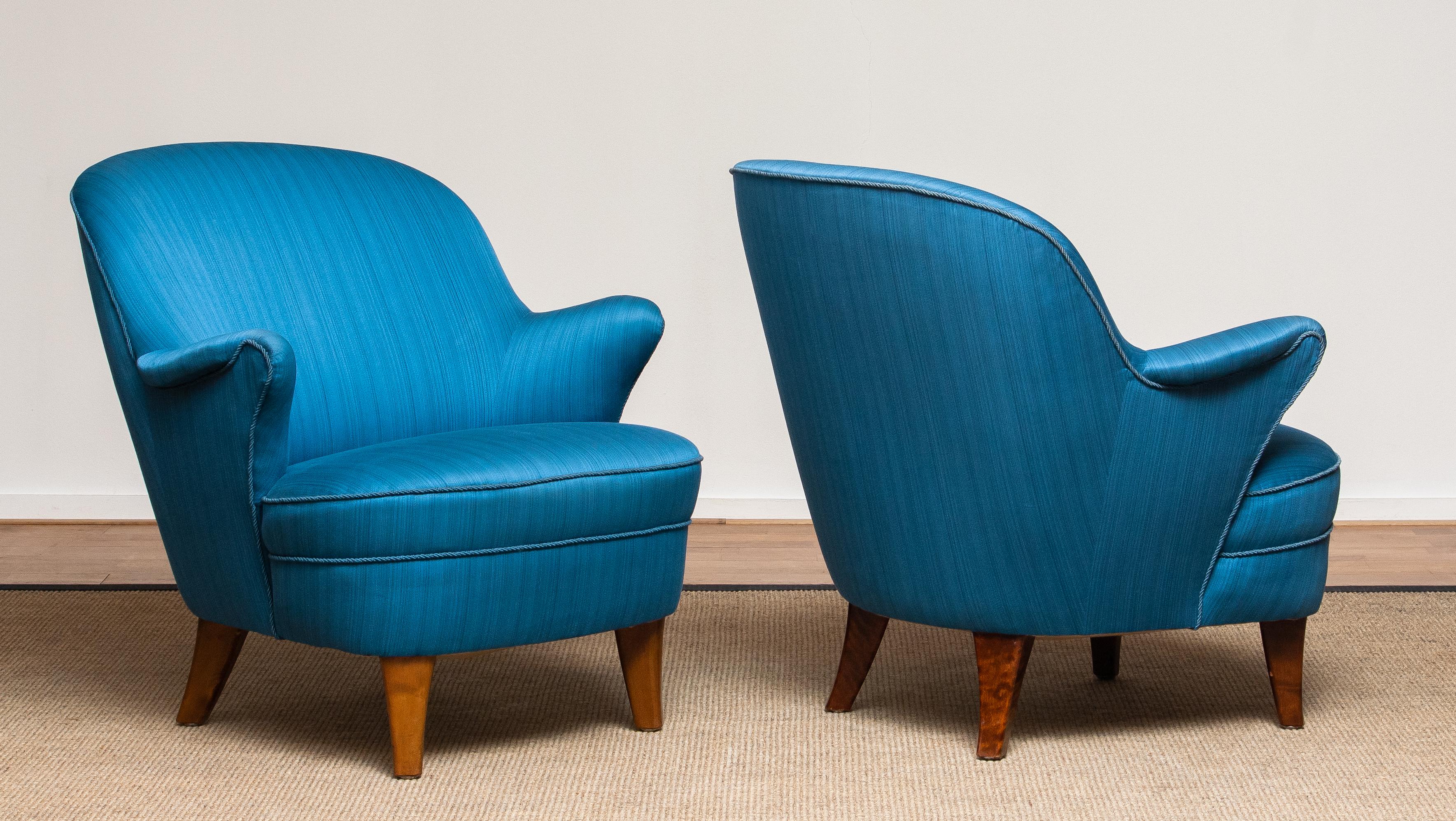 1950s Pair of Scandinavian Club Lounge Chairs in Petrol Fabric 2