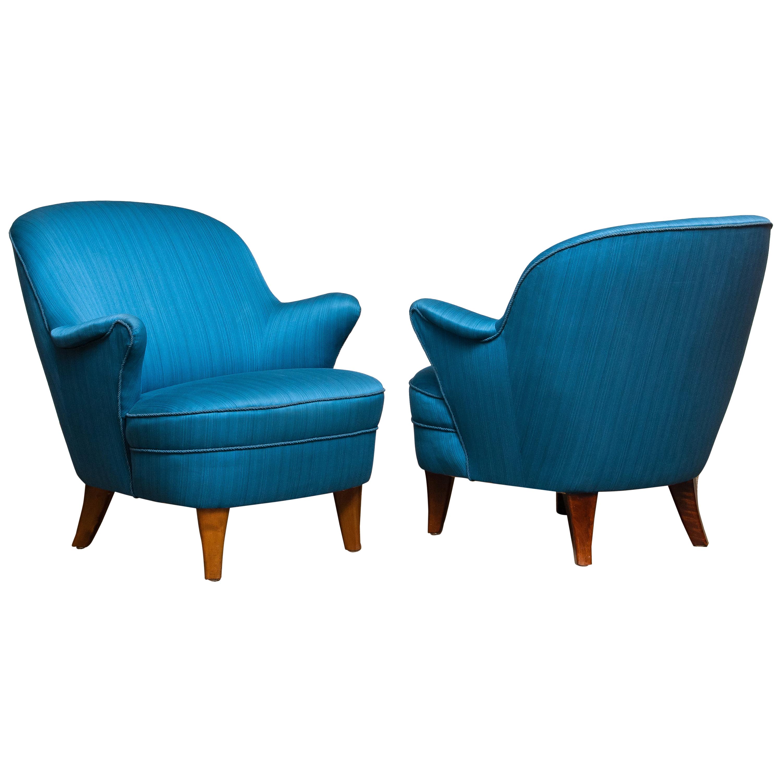 1950s Pair of Scandinavian Club Lounge Chairs in Petrol Fabric 3