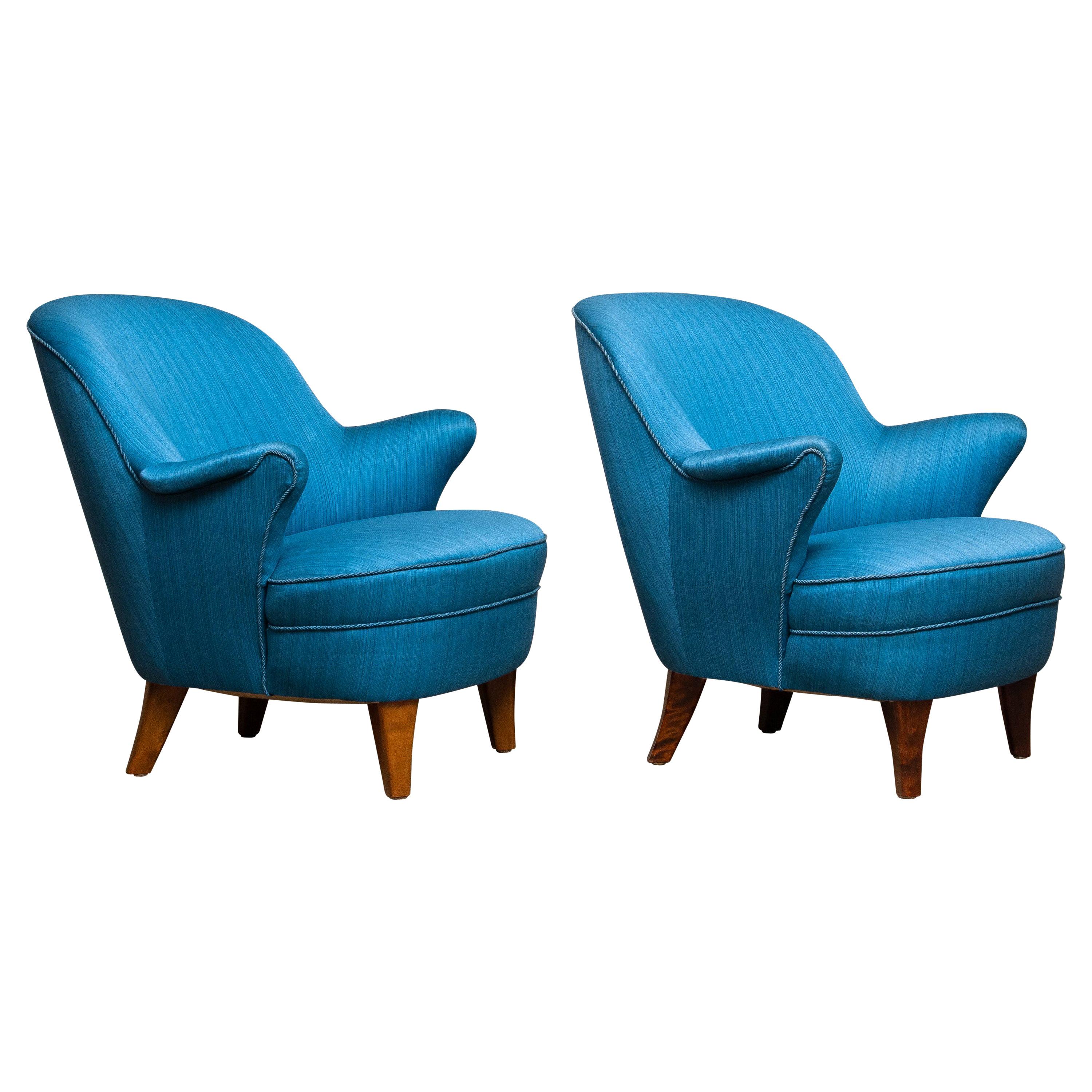 1950s Pair of Scandinavian Club Lounge Chairs in Petrol Fabric