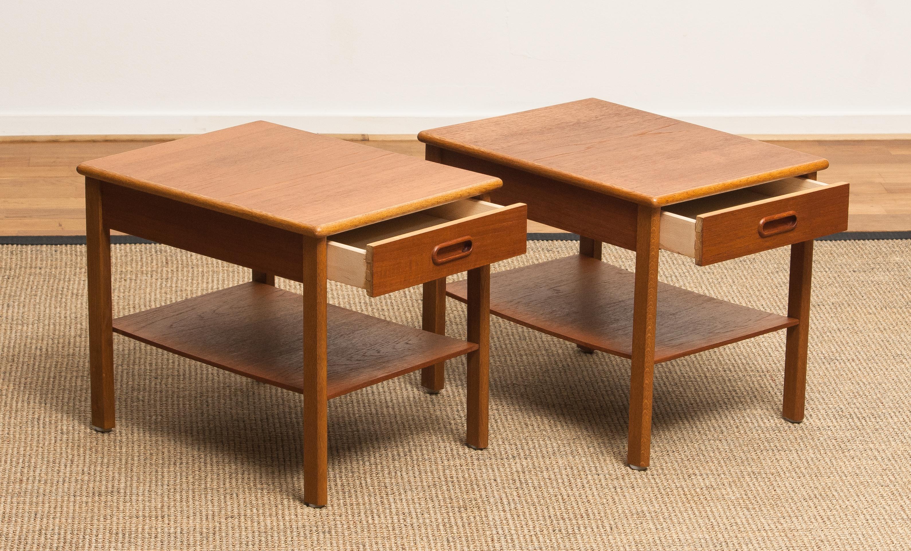 1950s, Pair of Scandinavian Teak Bedside Tables or Nightstands, Sweden 1