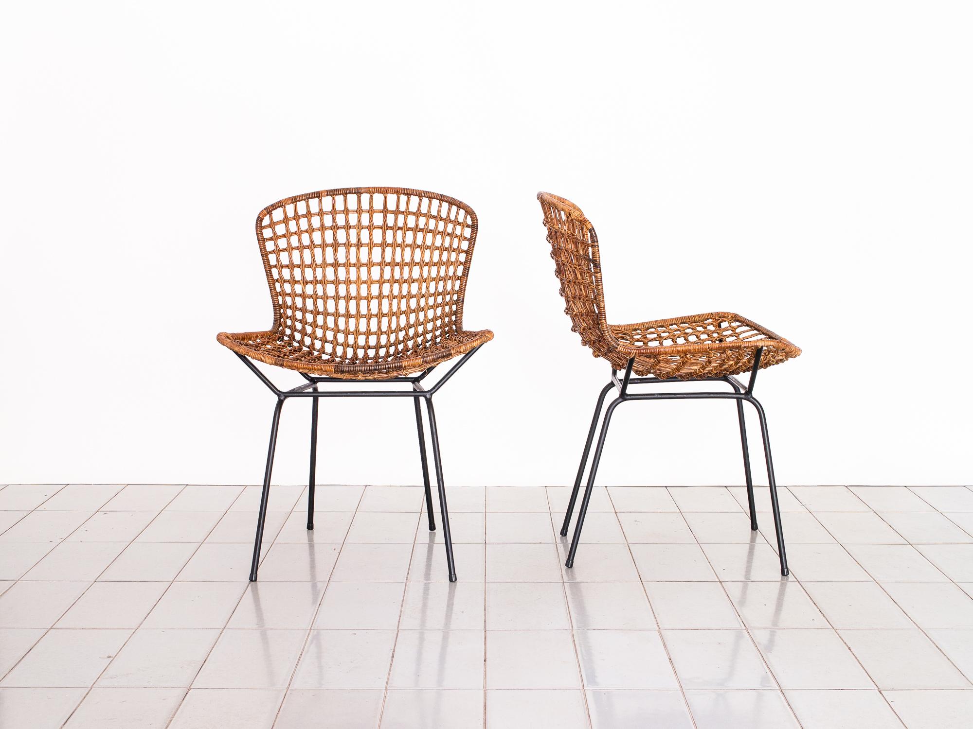 Mid-Century Modern 1950s Pair of Side Chairs in Iron and Reed by Carlo Hauner, Brazilian Modernism