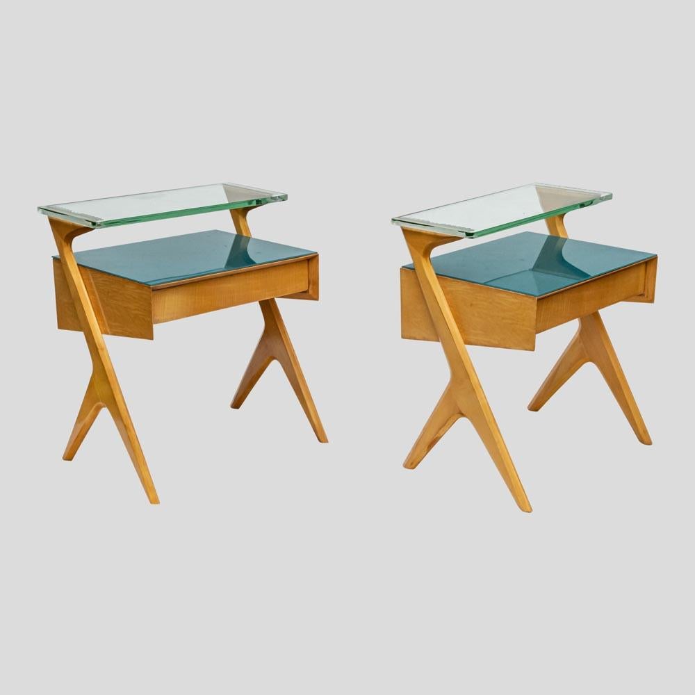 Mid-Century Modern 1950s Pair of Side Tables Birchwood Original Glass Italian Design by Dassi