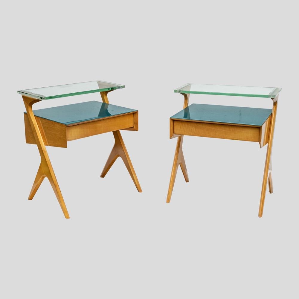 Mid-20th Century 1950s Pair of Side Tables Birchwood Original Glass Italian Design by Dassi