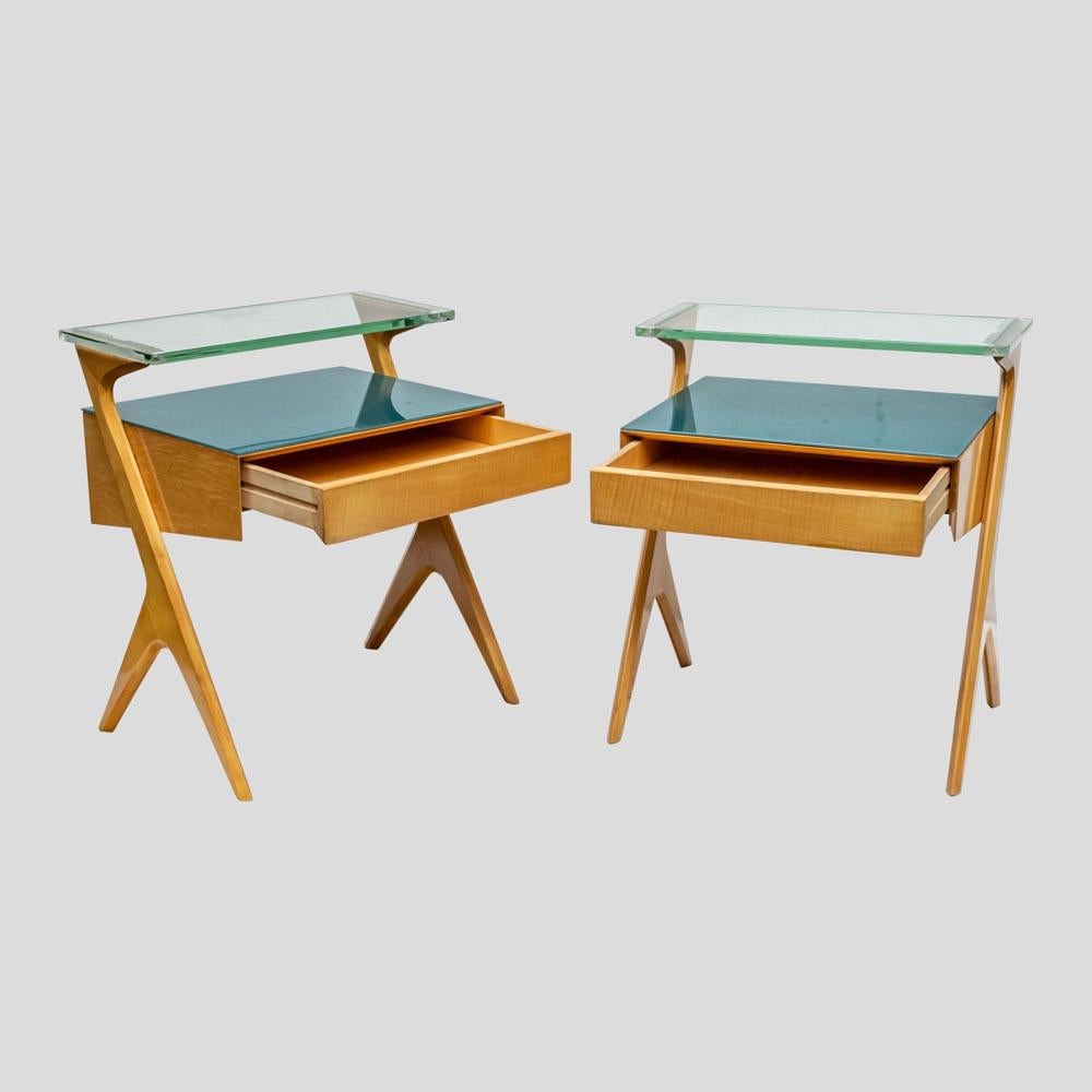1950s Pair of Side Tables Birchwood Original Glass Italian Design by Dassi 1