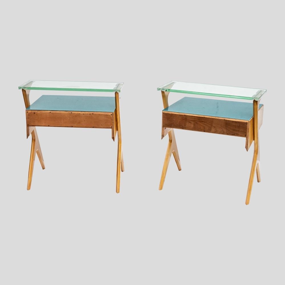1950s Pair of Side Tables Birchwood Original Glass Italian Design by Dassi 2