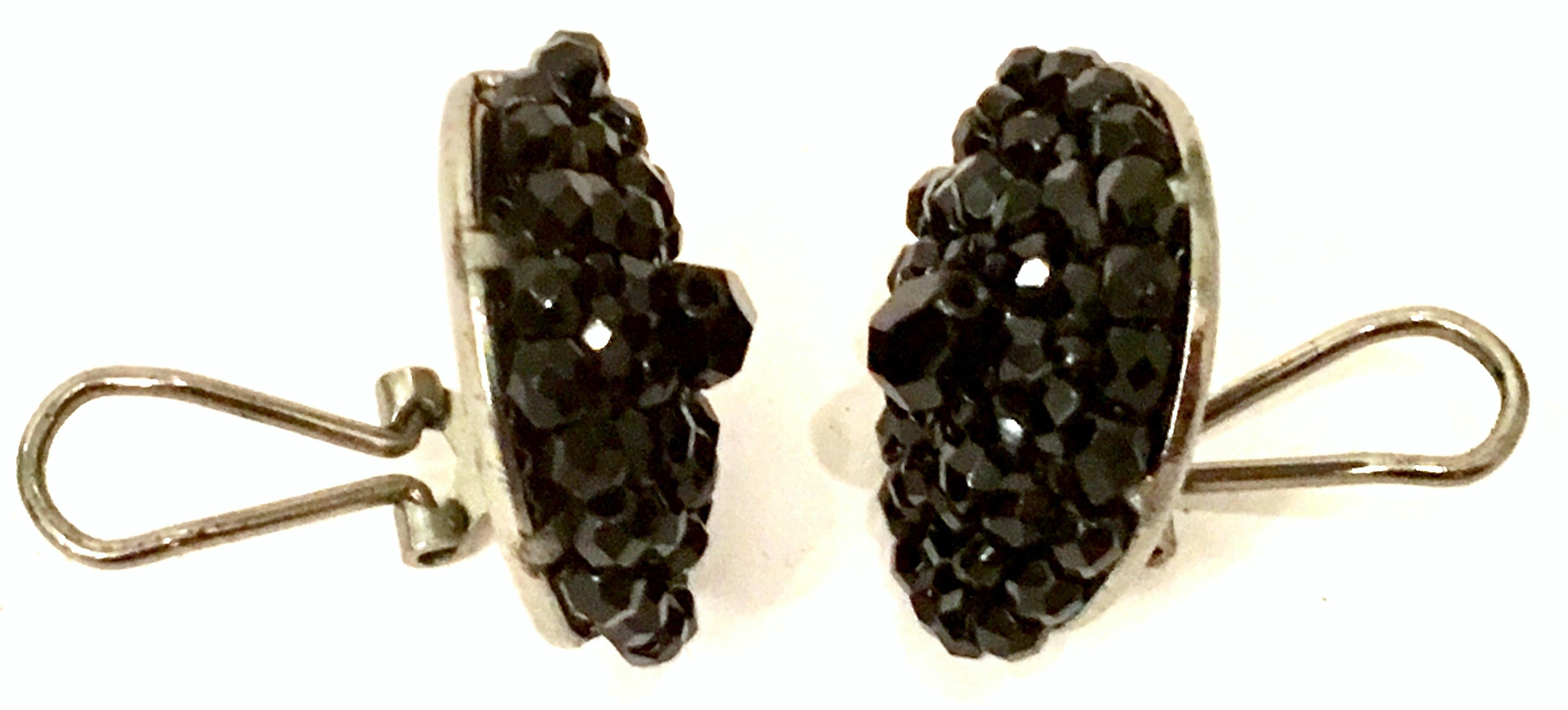 1950'S Pair Of Silver & Jet Black Cut Art Glass Earrings 2