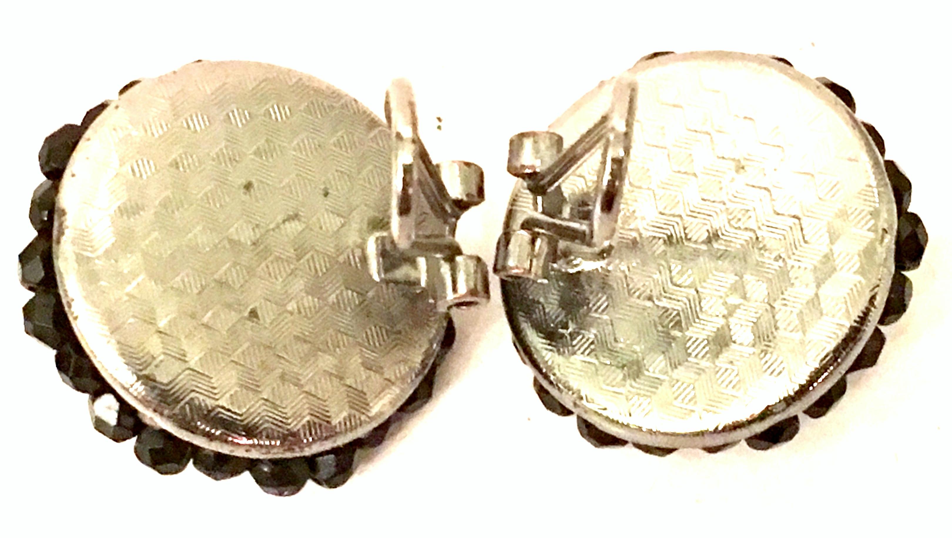 1950'S Pair Of Silver & Jet Black Cut Art Glass Earrings 4
