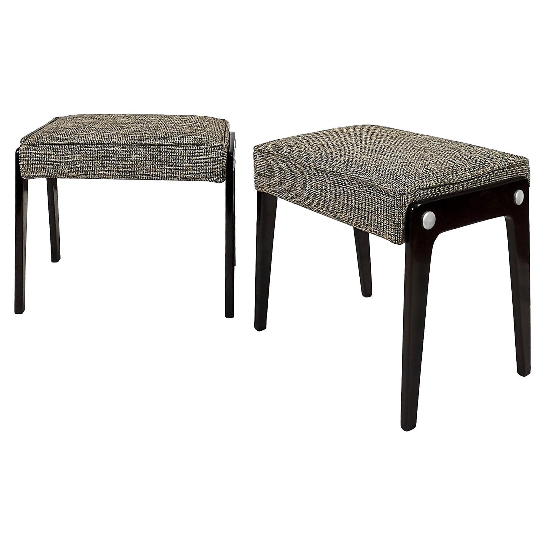 Pair of Small Mid-Century Modern Banquettes, Stained Beech, Gray Fabric - Italy For Sale