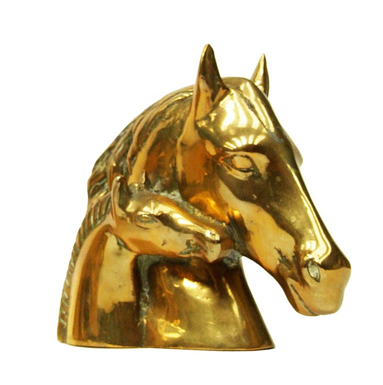 Hollywood Regency 1950s Pair of Solid Brass Horse and Foal Bookends Sculptures For Sale