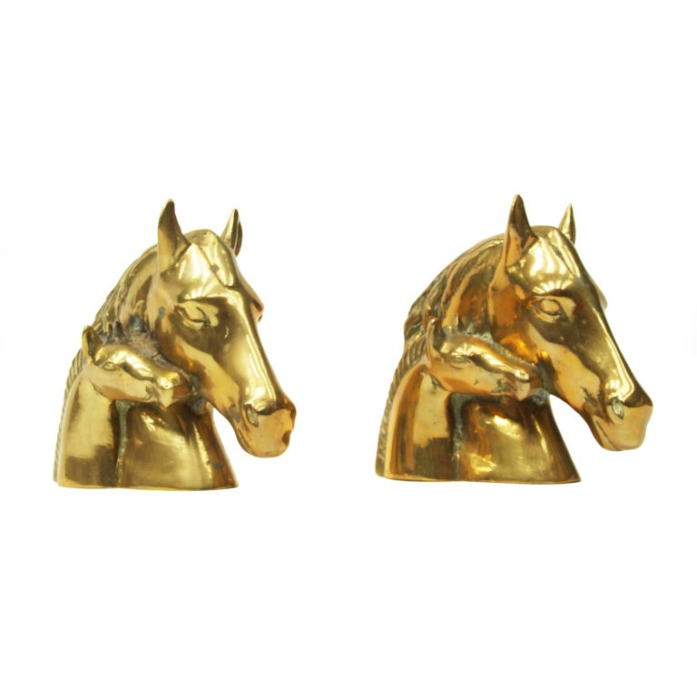 British 1950s Pair of Solid Brass Horse and Foal Bookends Sculptures For Sale