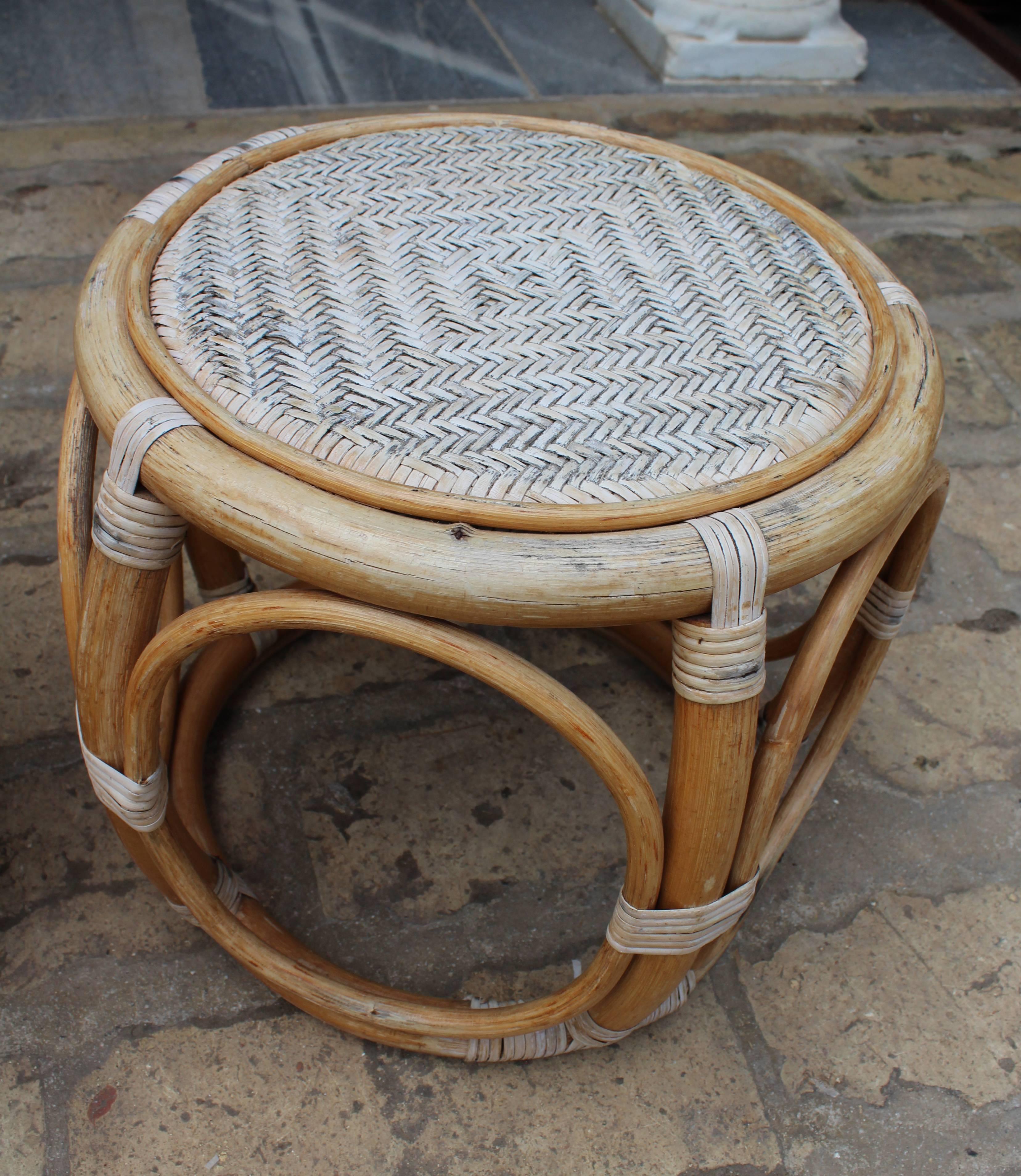 1950s Pair of Spanish Bamboo and Rattan Stools 6