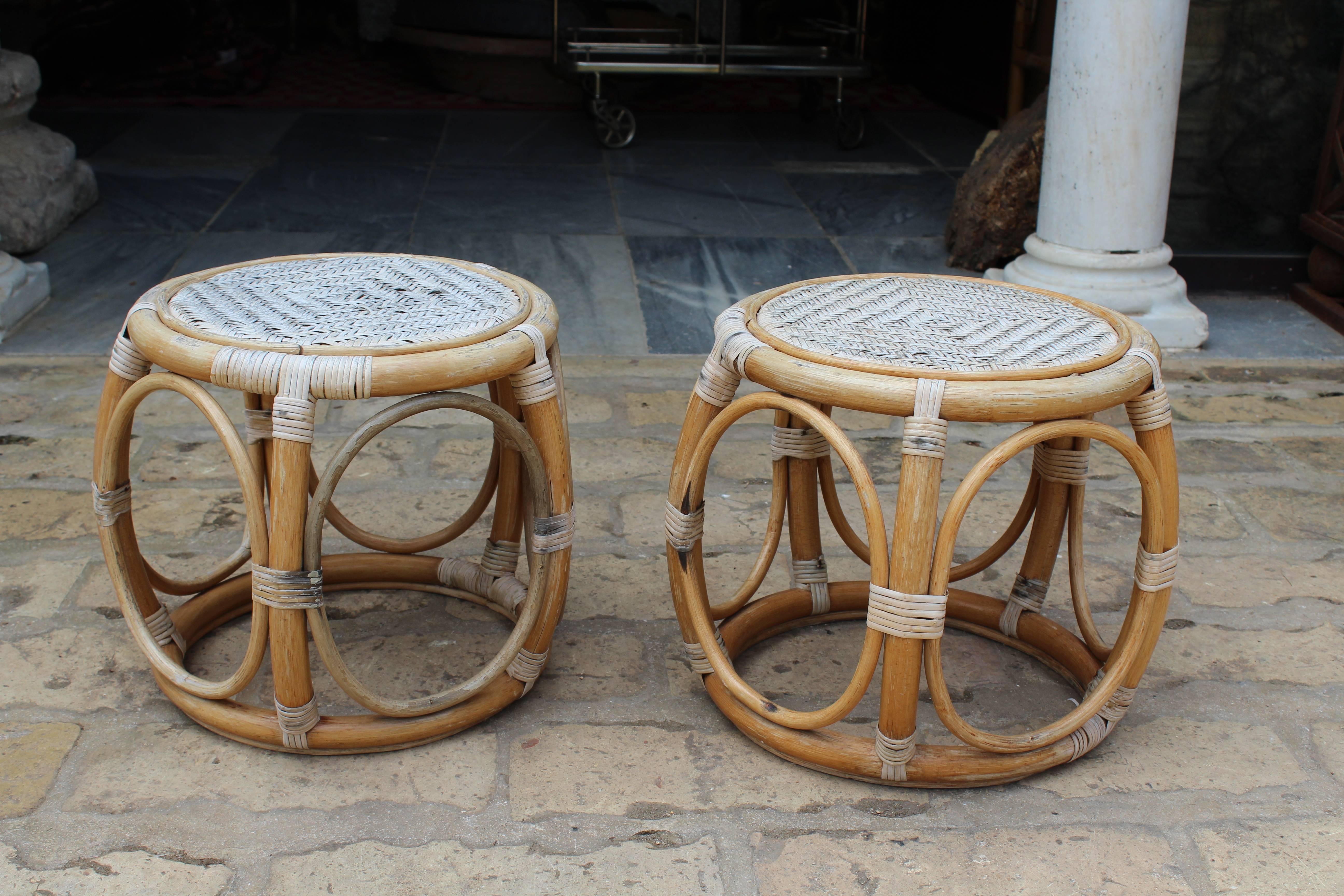 1950s pair of Spanish handcrafted bamboo and rattan stools.
 