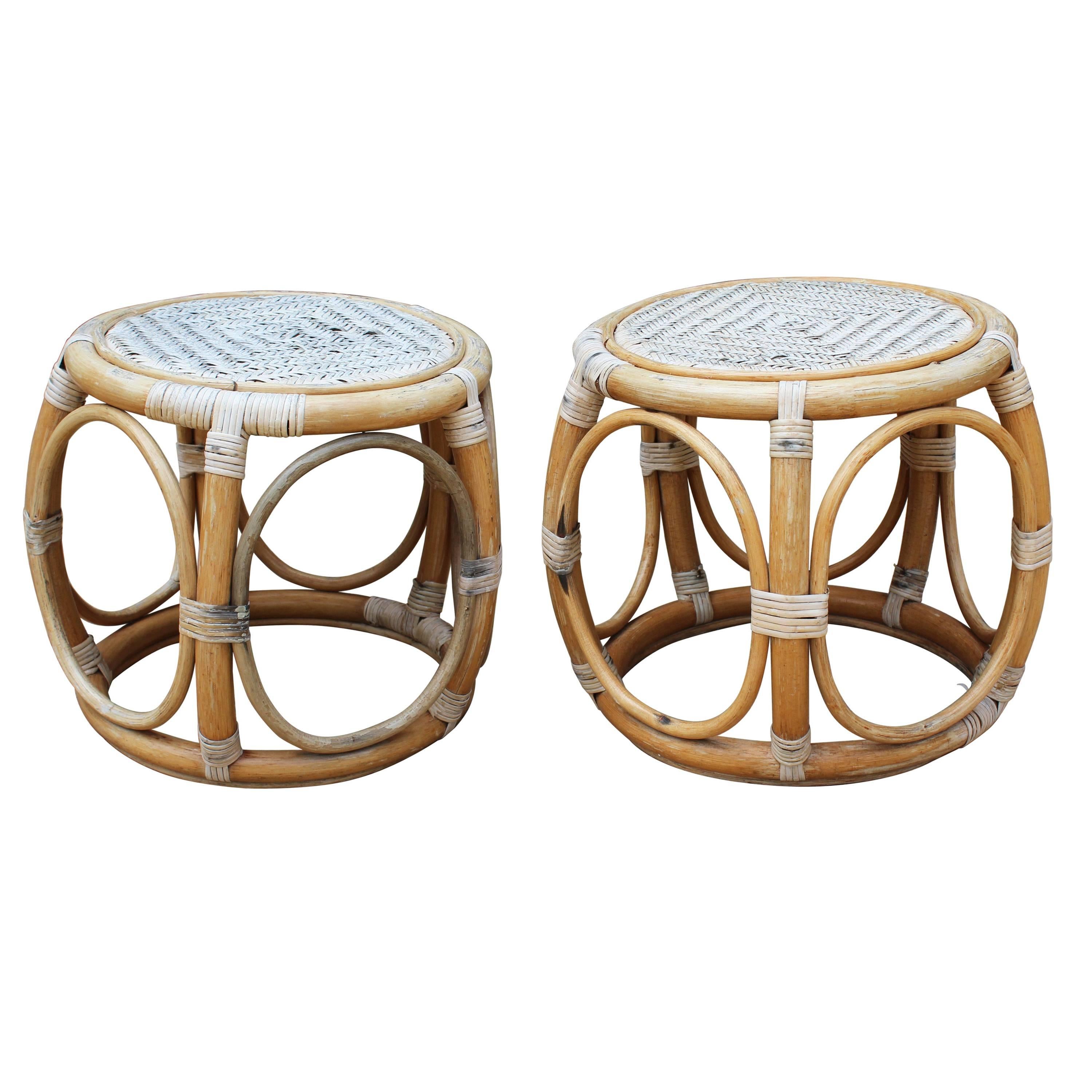 1950s Pair of Spanish Bamboo and Rattan Stools