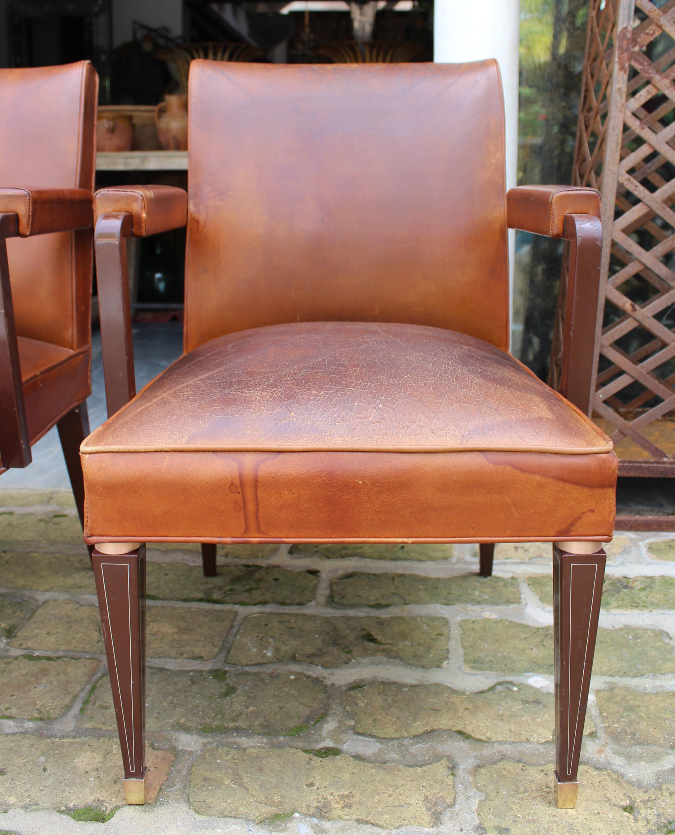 1950s Pair of Spanish Brown Leather and Brass Fittings Classical Armchairs For Sale 6