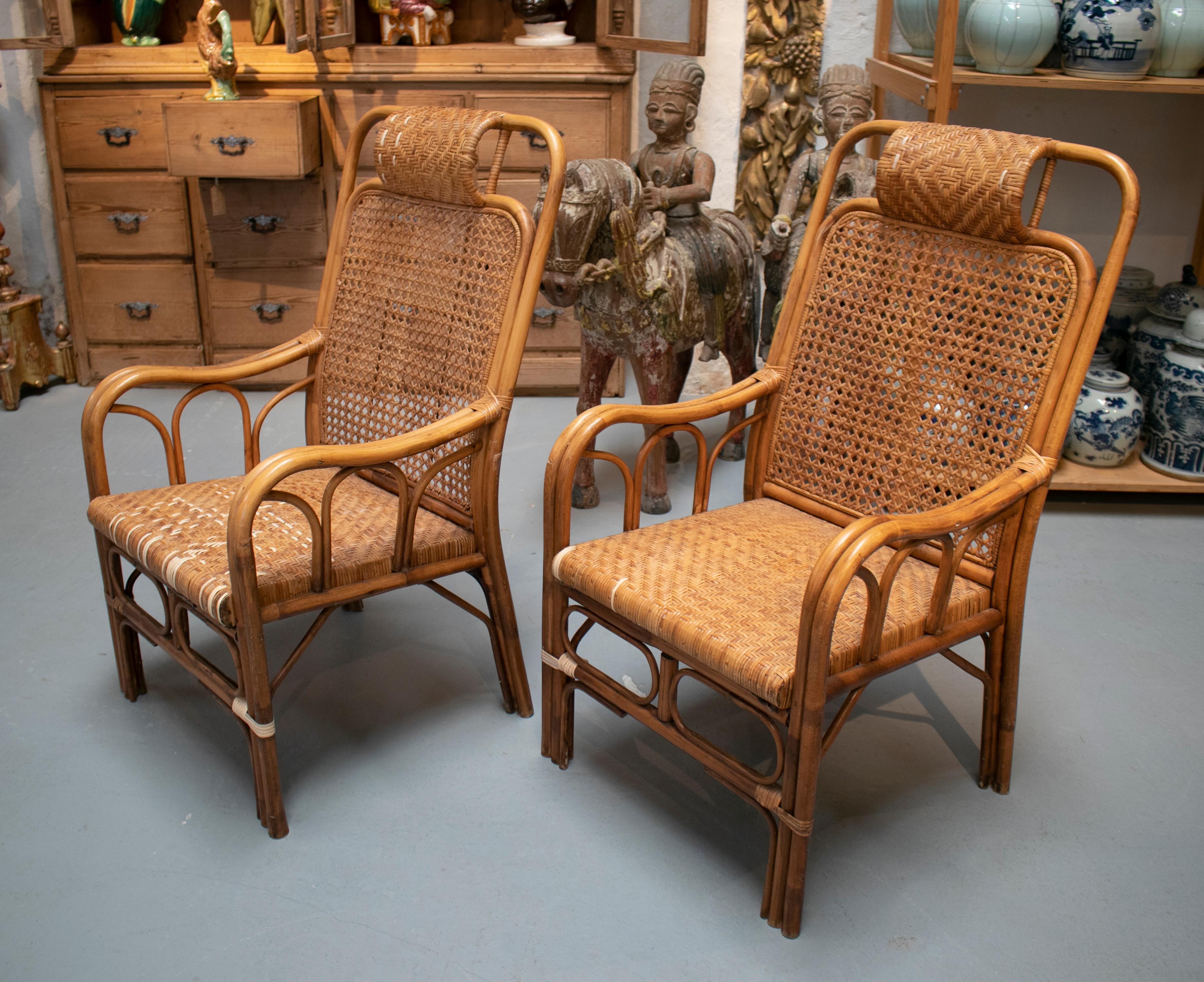 1950s Pair of Spanish Hand Woven Wicker Armchairs In Good Condition In Marbella, ES