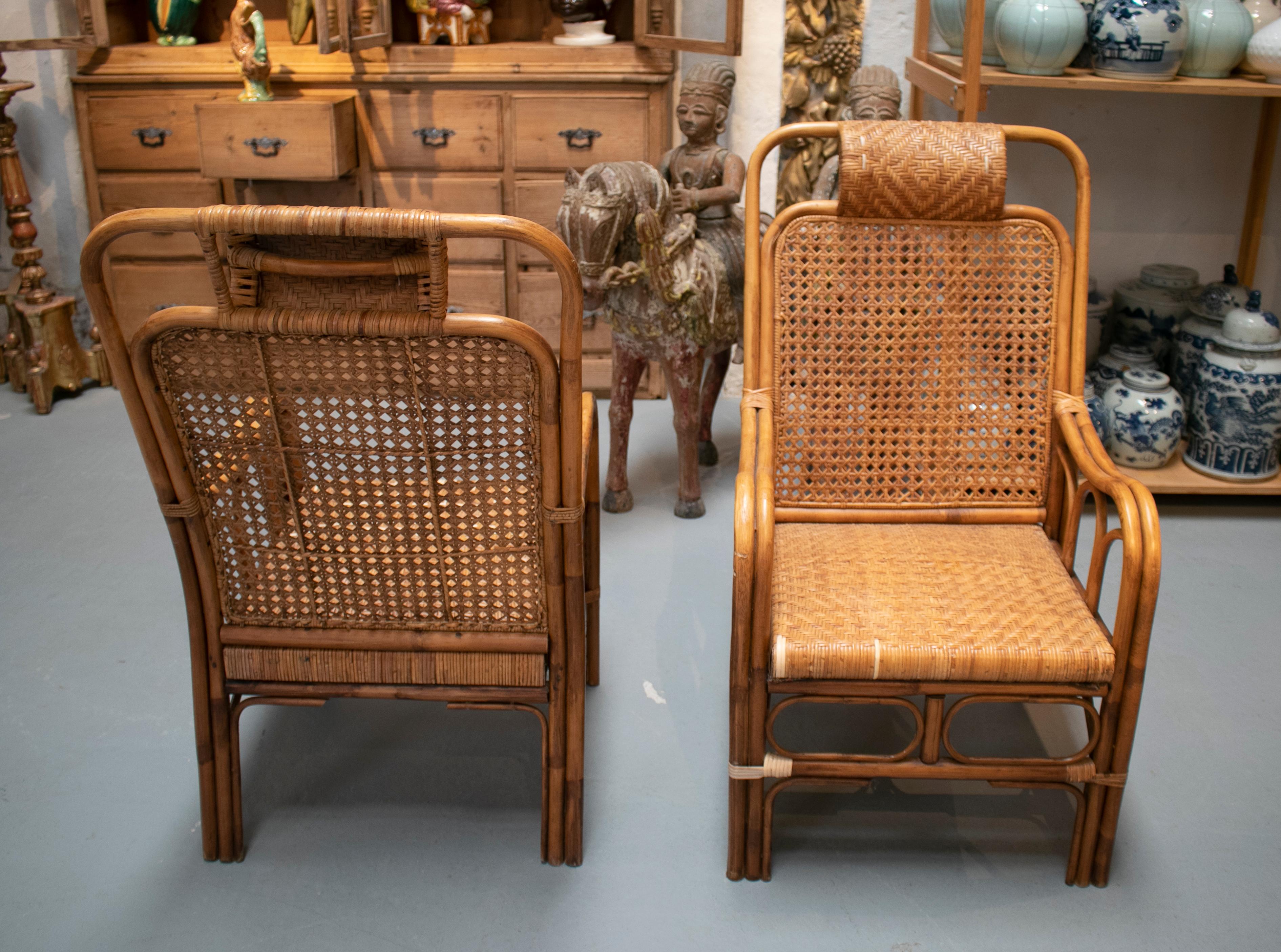 20th Century 1950s Pair of Spanish Hand Woven Wicker Armchairs