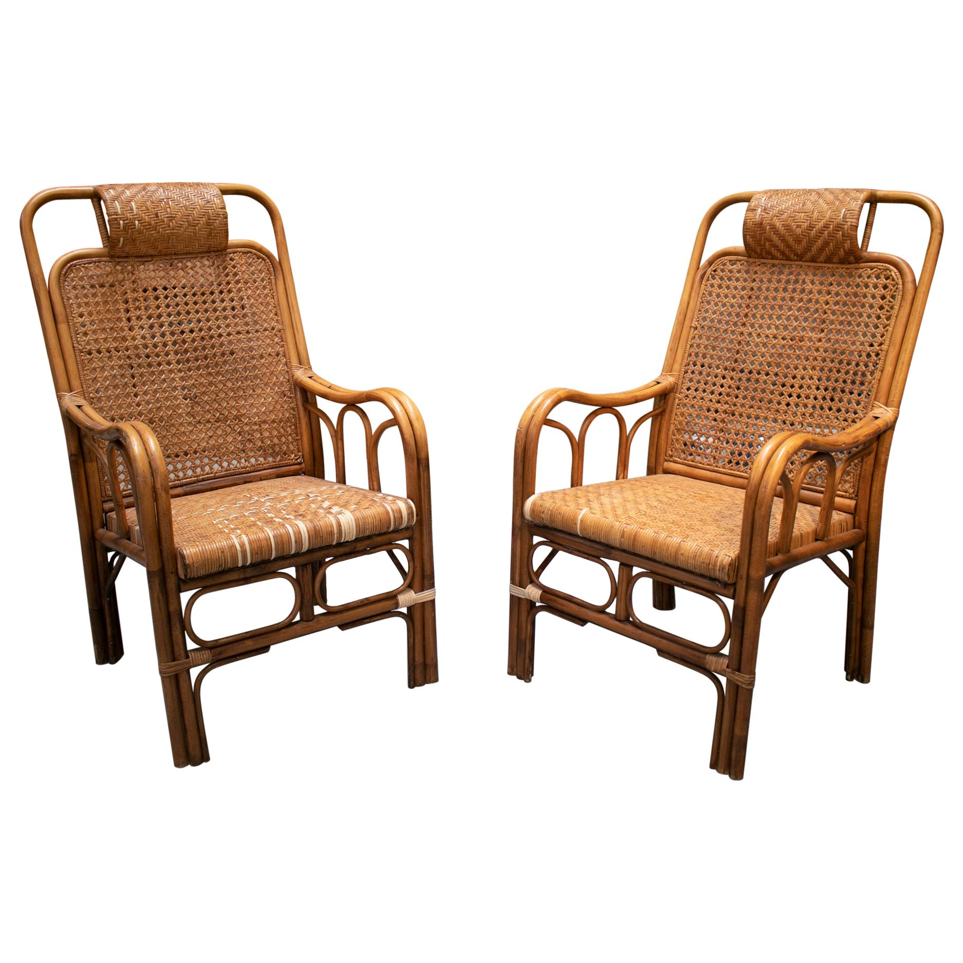 1950s Pair of Spanish Hand Woven Wicker Armchairs