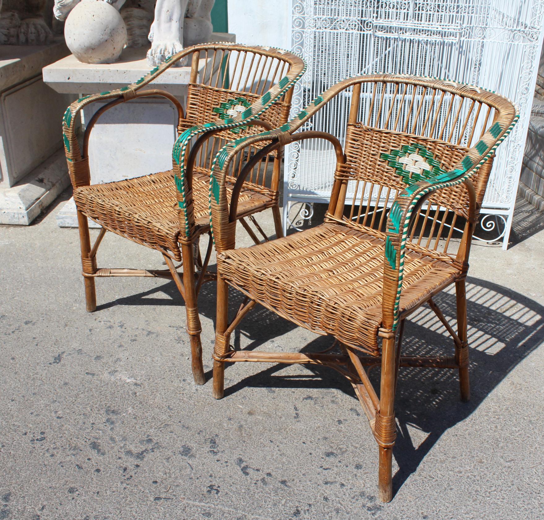 1950s Pair of Spanish Laced Wicker, Wood and Bamboo Armchairs In Good Condition In Marbella, ES
