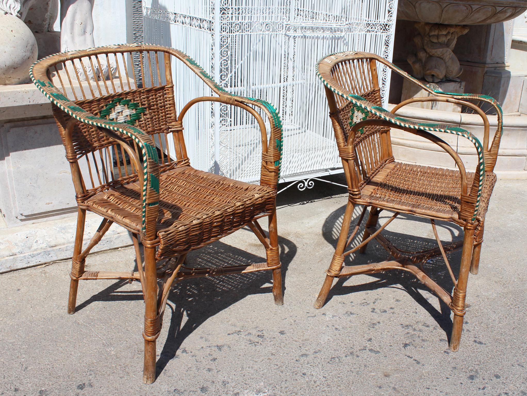 Mid-20th Century 1950s Pair of Spanish Laced Wicker, Wood and Bamboo Armchairs
