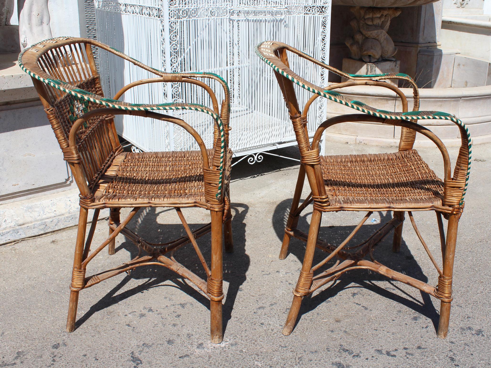 1950s Pair of Spanish Laced Wicker, Wood and Bamboo Armchairs 1
