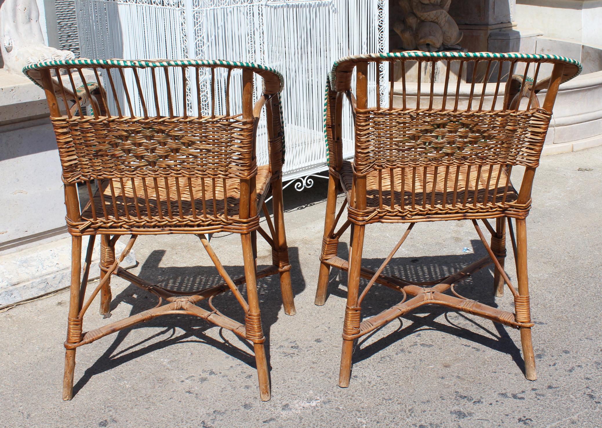 1950s Pair of Spanish Laced Wicker, Wood and Bamboo Armchairs 2