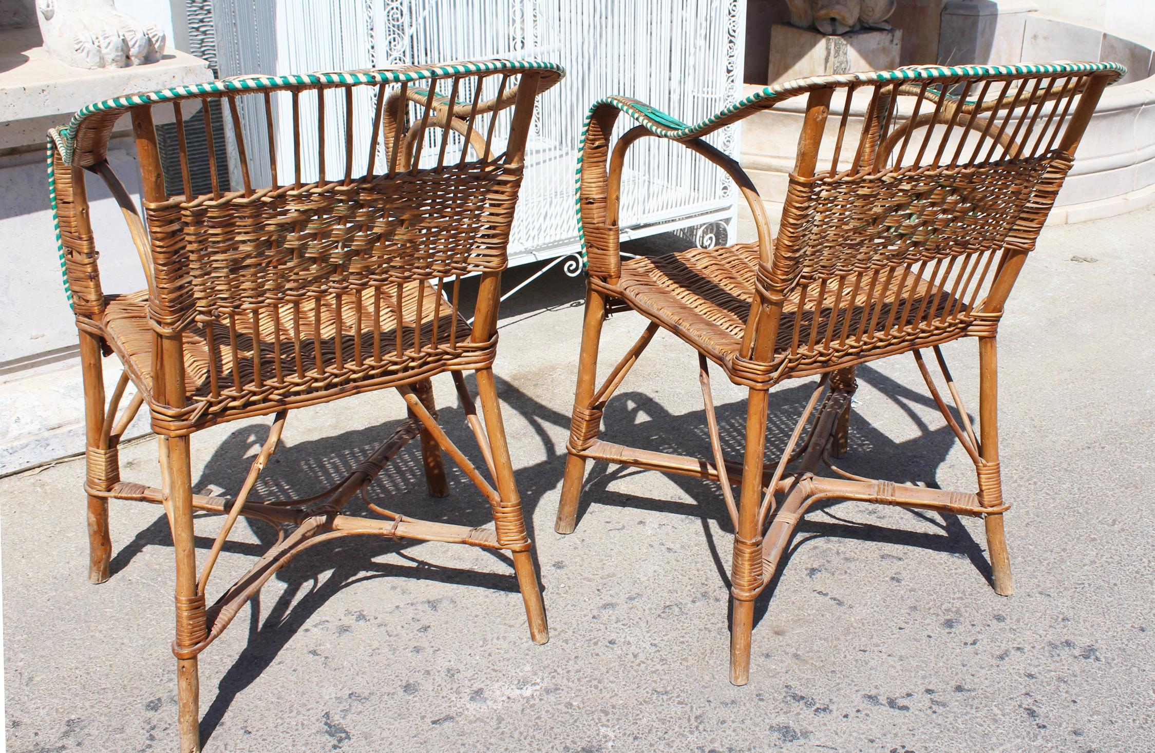 1950s Pair of Spanish Laced Wicker, Wood and Bamboo Armchairs 3